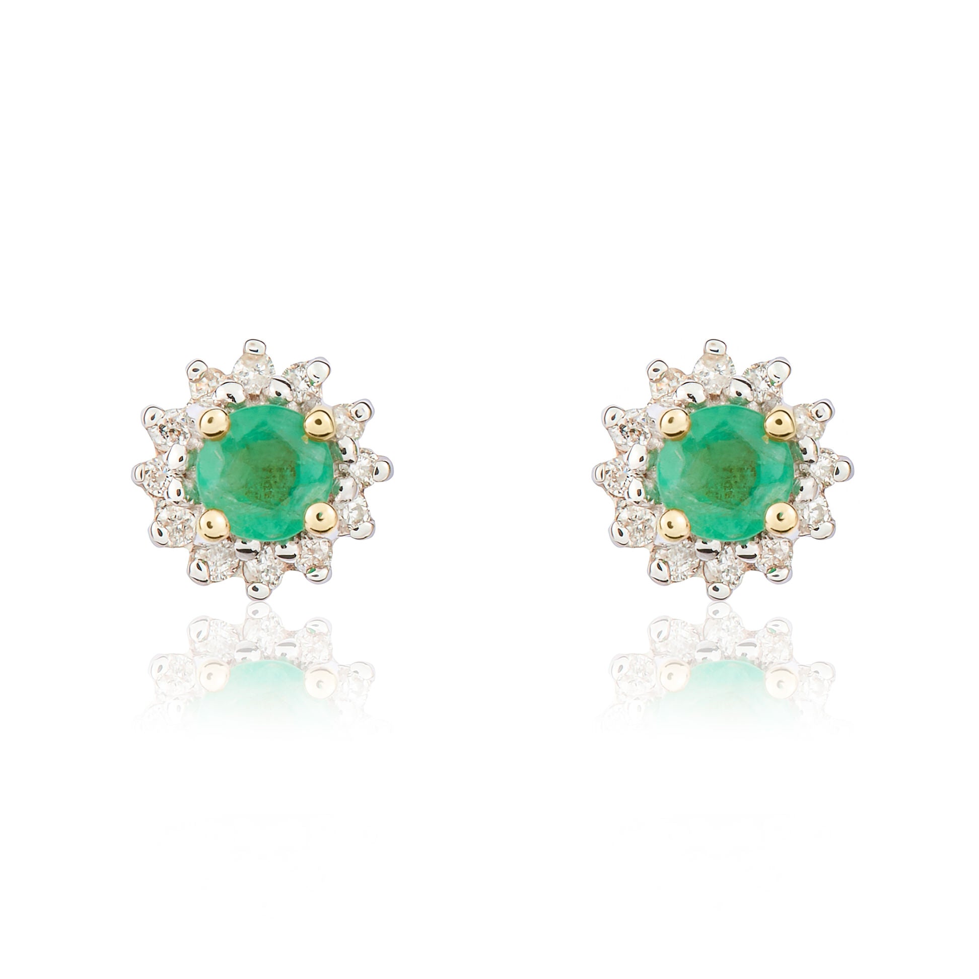 9ct Yellow Gold 3mm Round Emerald and Diamond Claw Cluster Earrings Rhodium to Diamonds