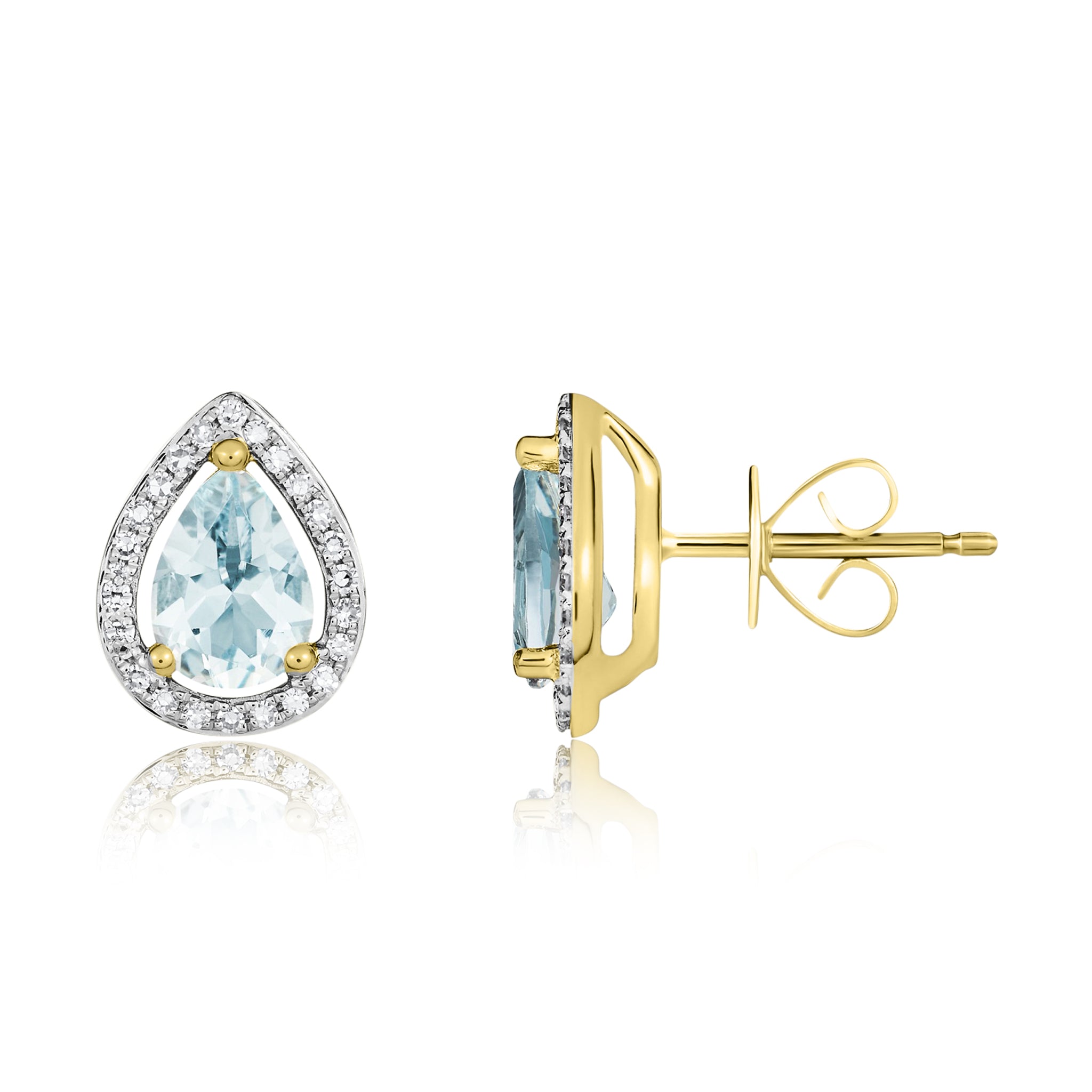 9ct Yellow Gold 7x5 Pear Shape Aquamarine & Diamond Halo Cluster Earrings Rhodium to Diamonds