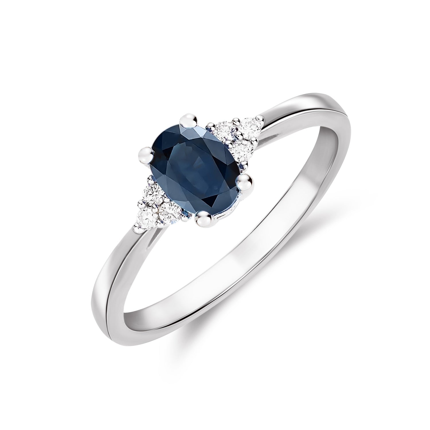 9ct White Gold 7x5 Oval Sapphire & Diamond Trefoil Shoulders Claw Set Ring