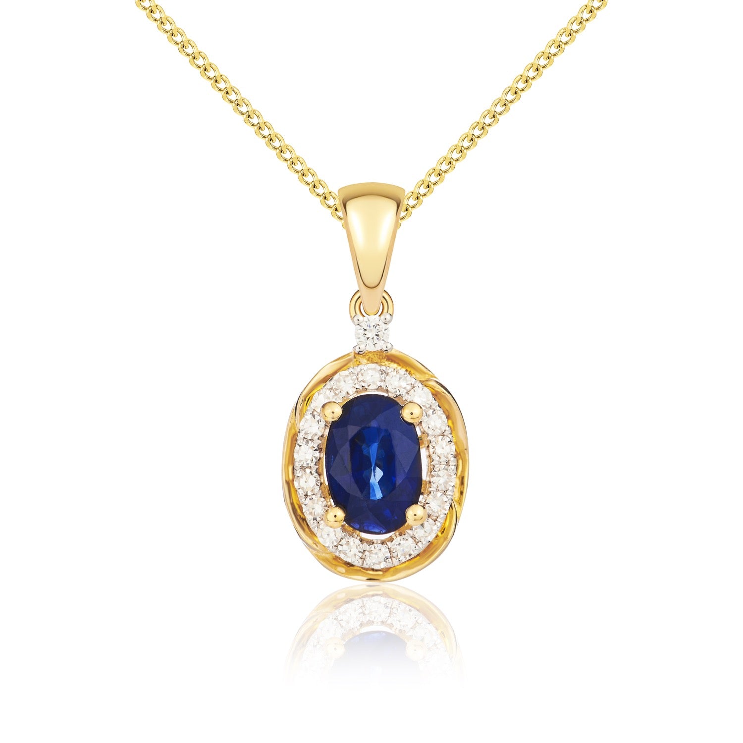 9ct Yellow Gold 6x4 Oval Sapphire & Diamond Cluster Pendant with Rope Edge Rhodium to Diamonds