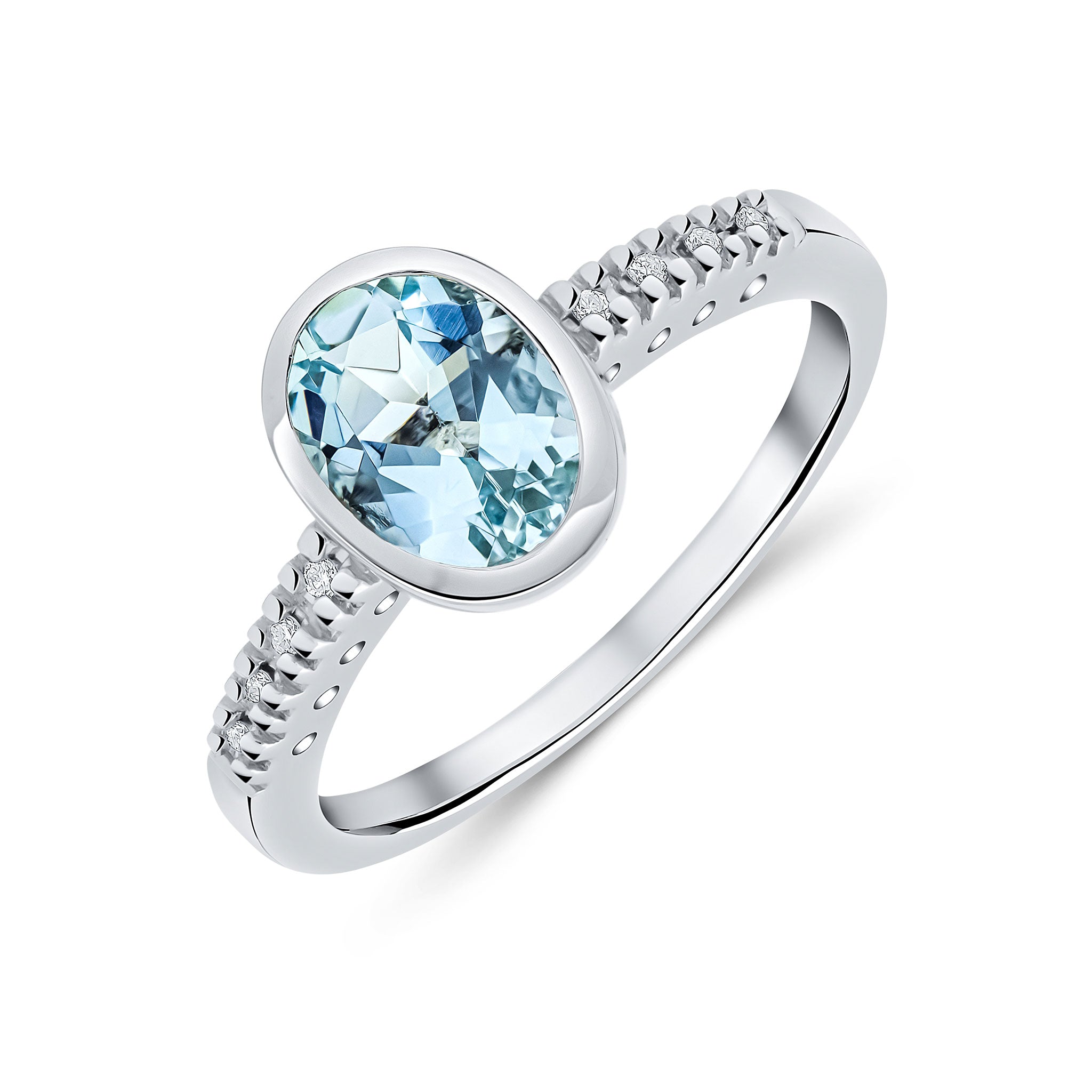 9ct White Gold Rubover 8x6 Oval Aquamarine Single Stone Ring with Claw Set Diamond Shoulders