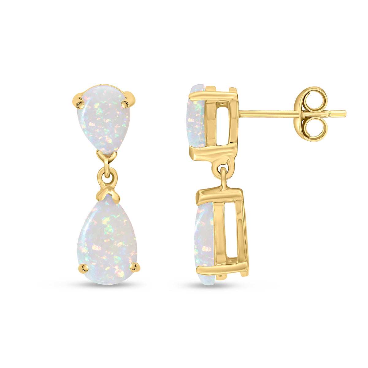 9ct Yellow Gold Pear Shape Opal 2 Stone Claw Set Drop Earrings