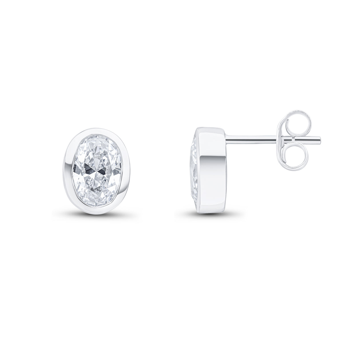 9ct White Gold 7x5 Oval CZ Rubover Earrings