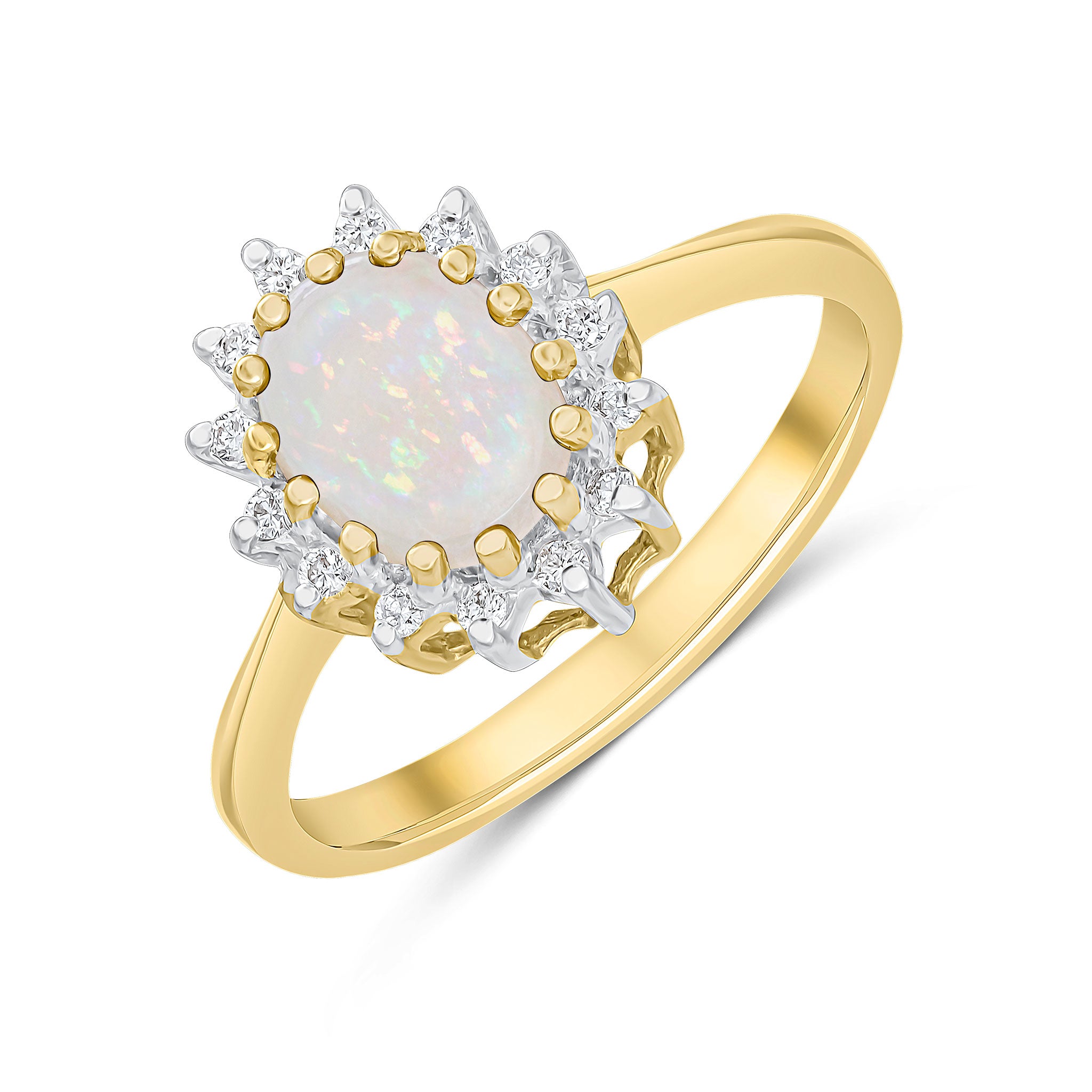 9ct Yellow Gold 8x6 Oval Opal & Diamond Claw Set Cluster Ring Rhodium to Diamonds