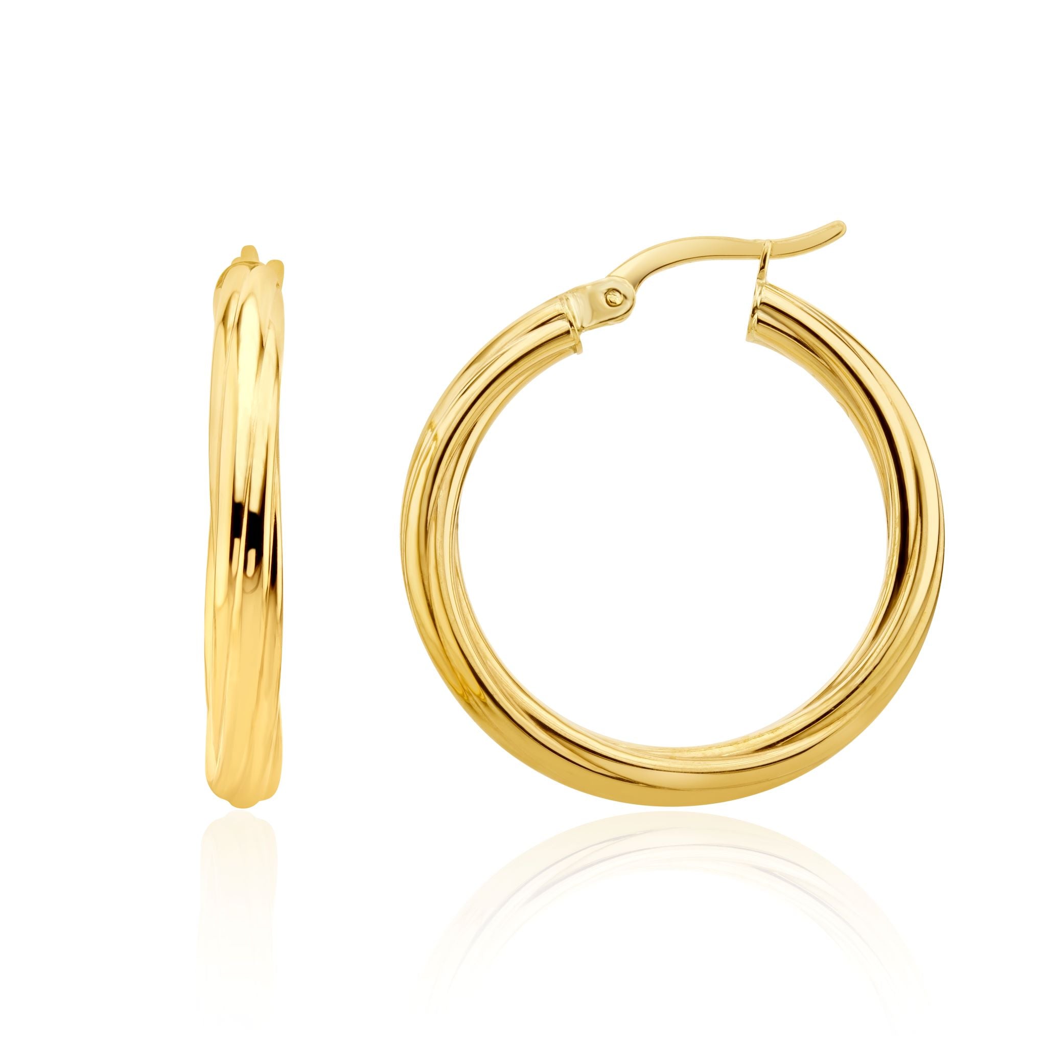 18ct yellow gold 3mm Twisted Round Hoop Earrings. 26mm Outer Diameter