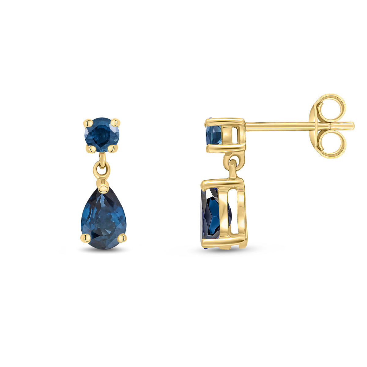 9ct Yellow Gold Round and Pear Shape Sapphire 2 Stone Claw Set Drop Earrings