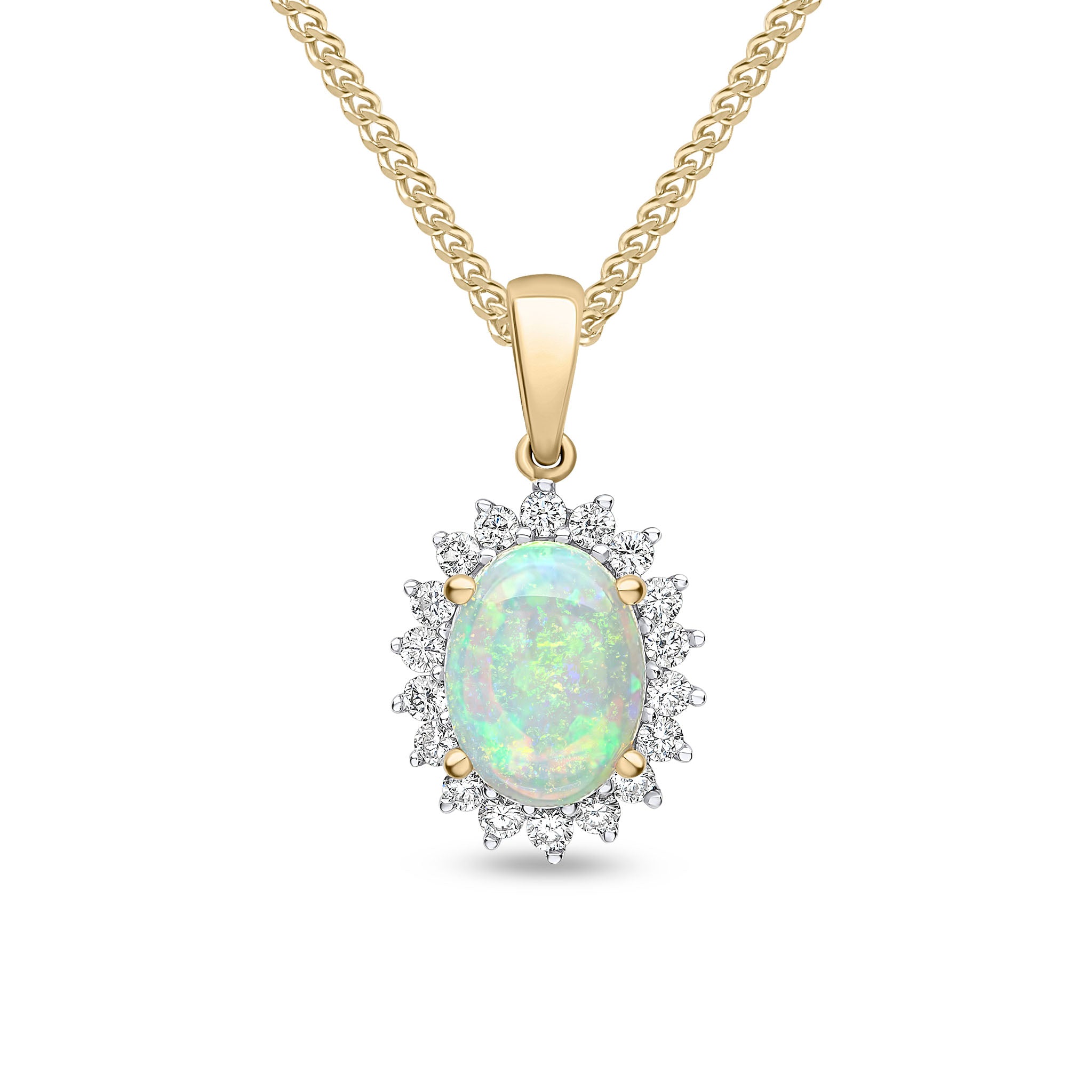 18ct Yellow Gold 8x6 Oval Opal & Diamond Claw Cluster Pendant Rhodium to Diamonds