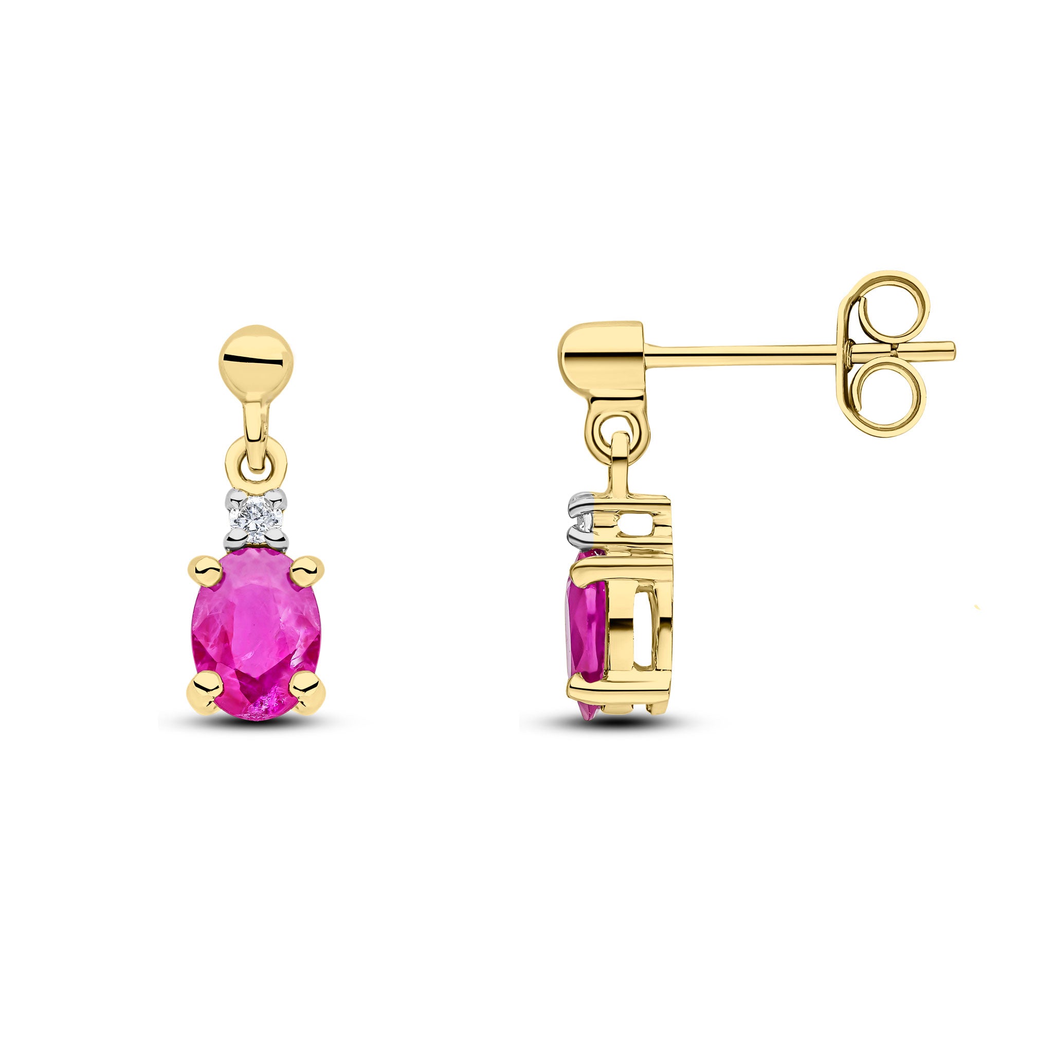 9ct Yellow Gold Oval Ruby & Diamond Claw Set 2 Stone Drop Earrings with Bead Stud Top