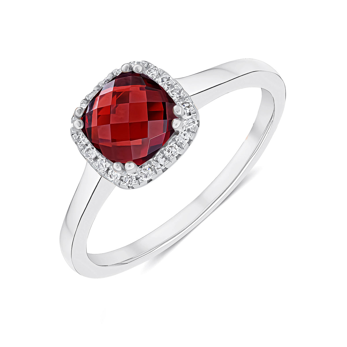 9ct White Gold 6mm Checkerboard Cut Cushion Garnet and Round Diamond Claw Set Cluster Ring