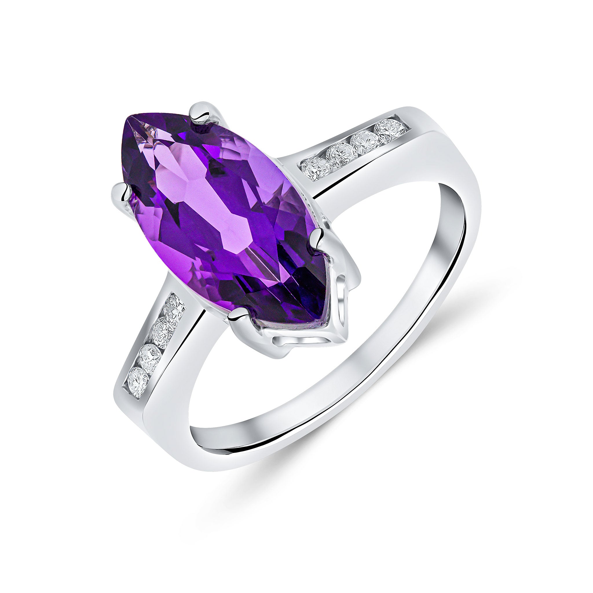9ct White Gold 15x7 Marquise Amethyst Single Stone Ring with Channel Set Diamond Shoulders