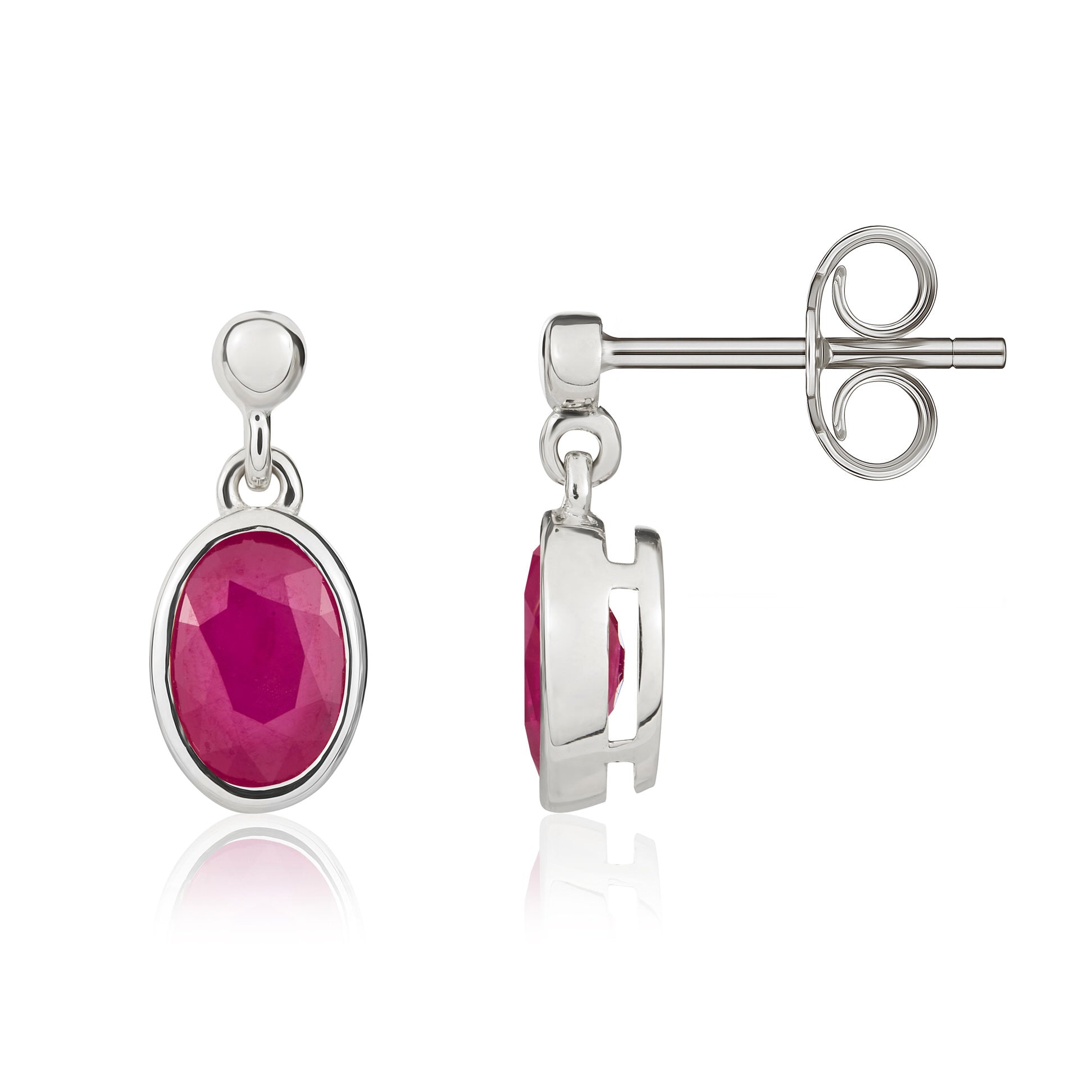9ct white gold 7 x 5mm Oval Ruby Rubover Drop Earrings With Bead Top