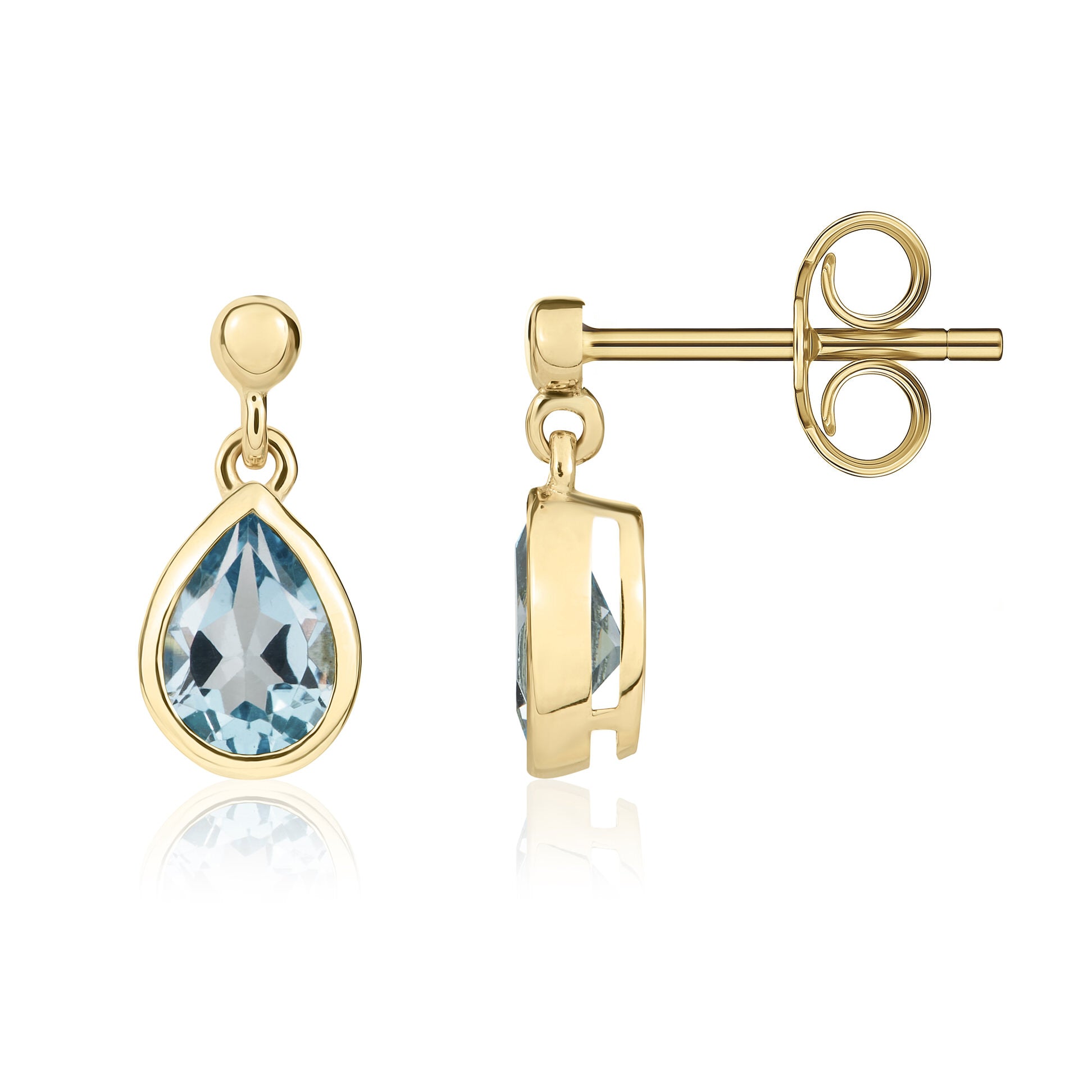 9ct Yellow Gold 6x4mm Pear Shape Swiss Blue Topaz Rubover Drop Earrings with 2.5mm Bead Top