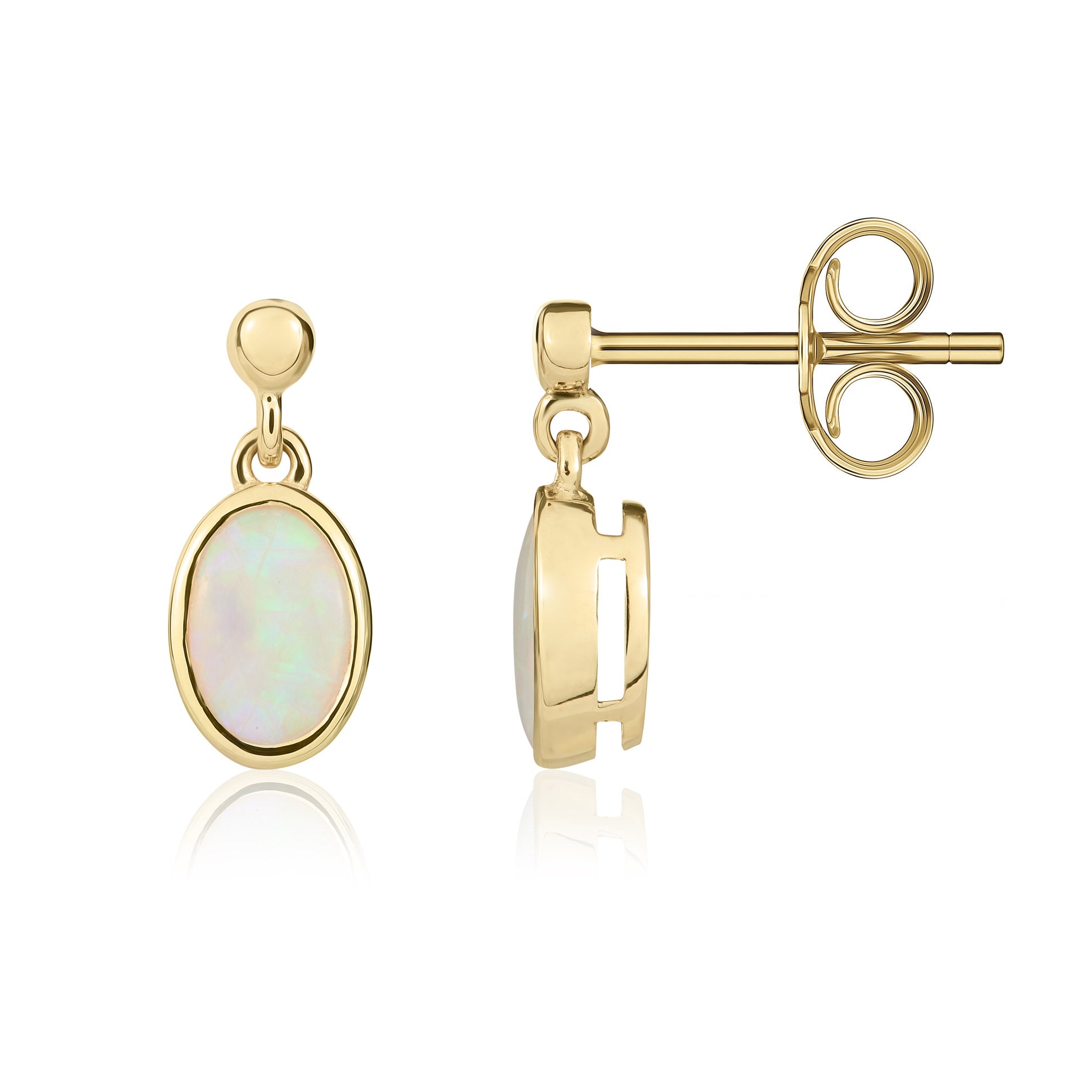 9ct yellow gold 6 x 4mm Oval Opal Rubover Drop Earrings With 2.5mm Bead Top