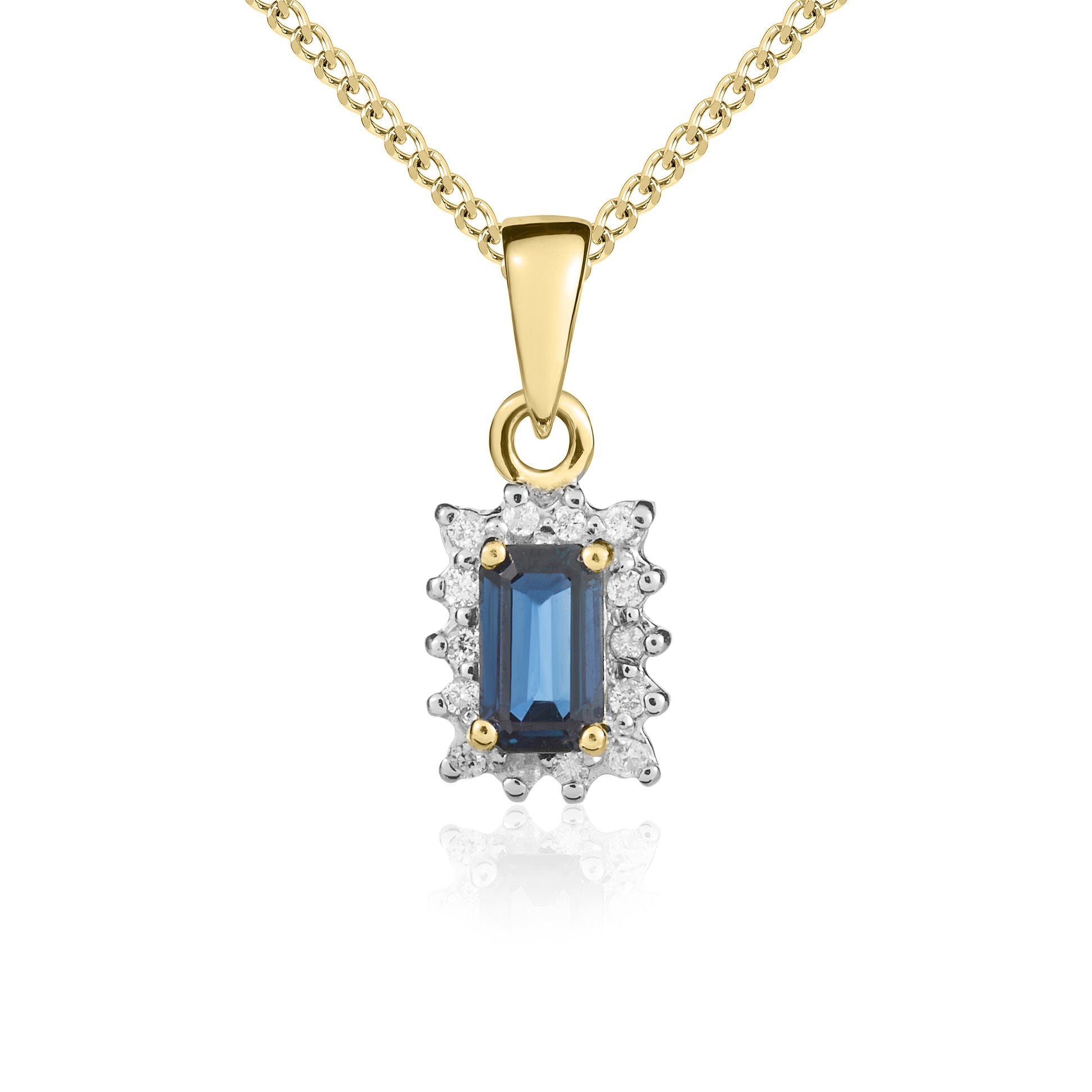 9ct Yellow Gold 5x3 Octagon Sapphire & Diamond Claw Set Cluster Pendant Rhodium to Diamonds