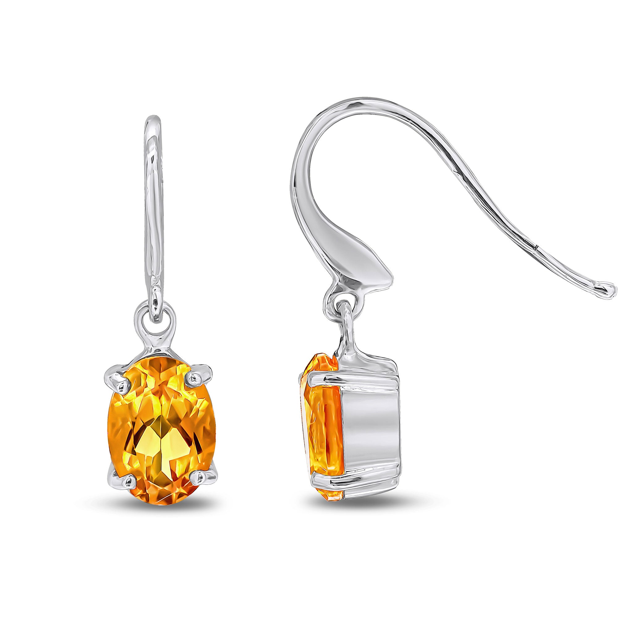 9ct White Gold 7x5 Oval Citrine Claw Set Drop Earrings with Hook Wire Fitting