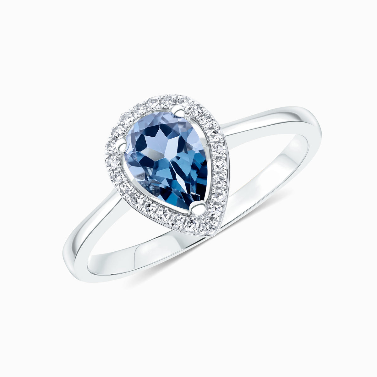 9ct White Gold 7x5 Pear Shape London Blue Topaz & Round Diamond Claw Set Halo Cluster Ring