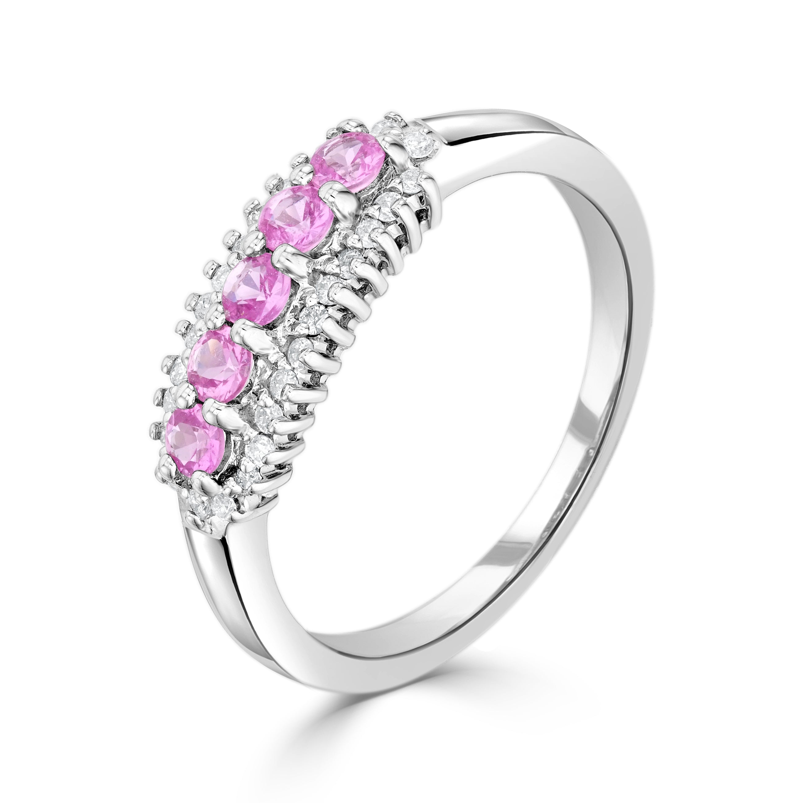 9ct White Gold Round Pink Sapphire and Round Diamond 3 Row Claw Set Band Ring