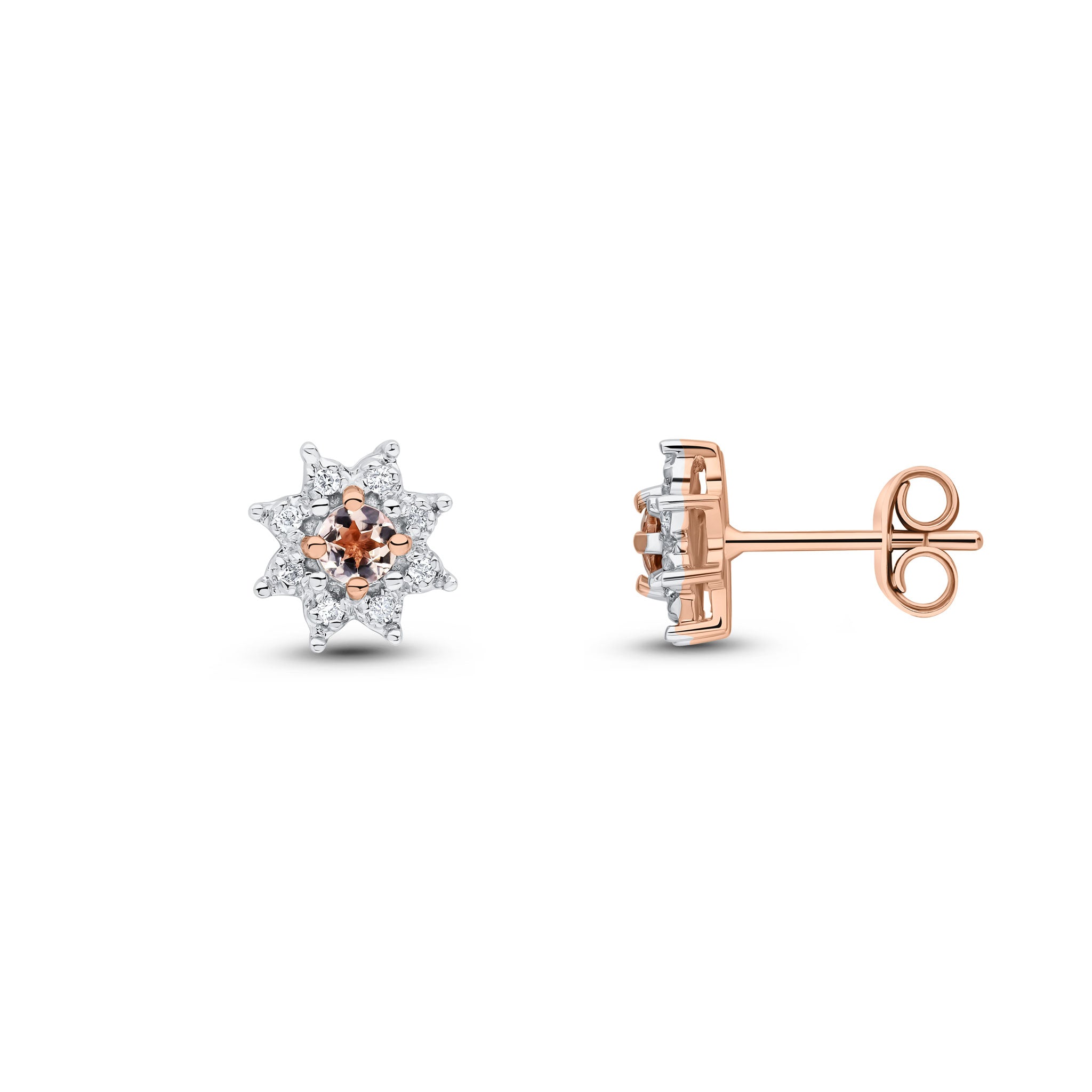 9ct rose gold 3mm round.morganite& diamond Clus Ears