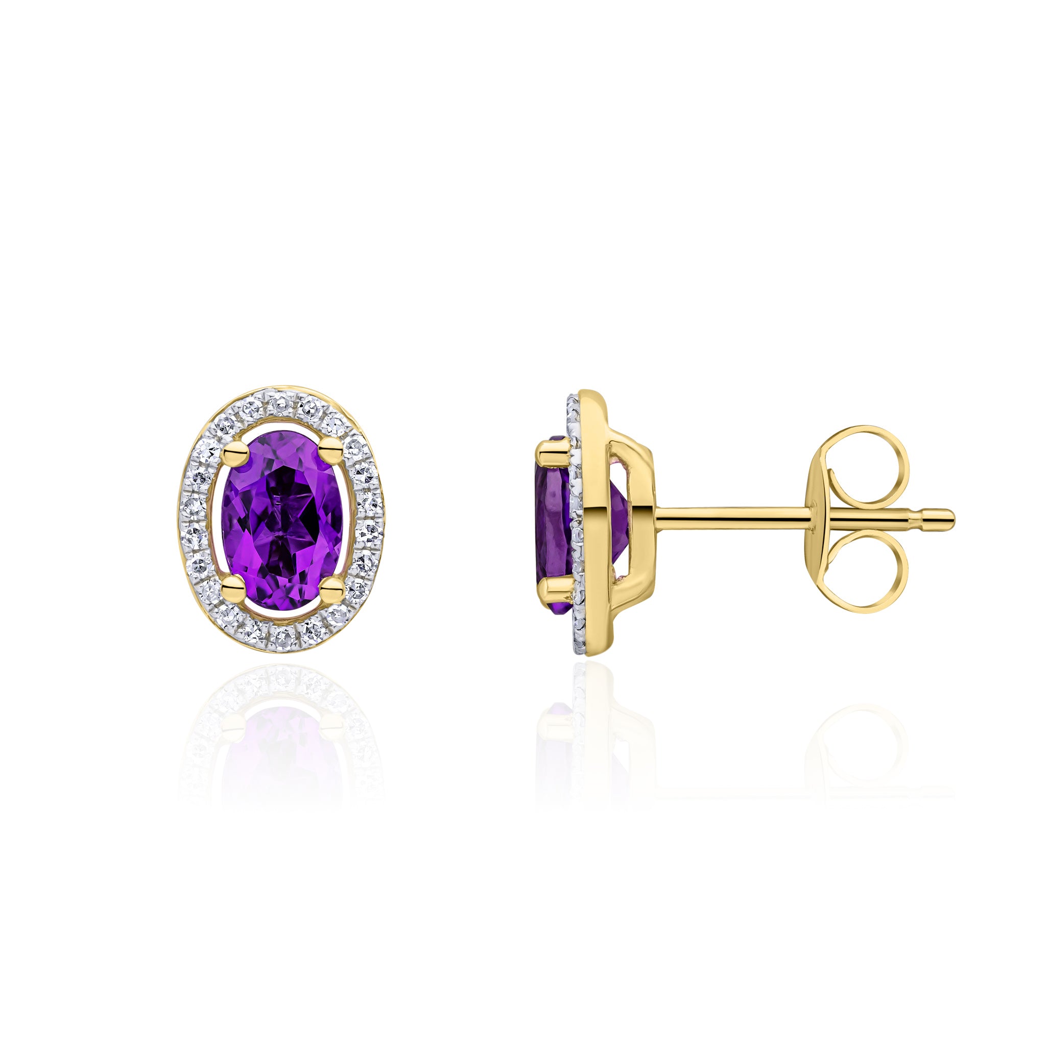 9ct Yellow Gold 6x4 Oval Amethyst and Round Diamond Claw Set Halo Cluster Earrings Rhodium to Diamonds
