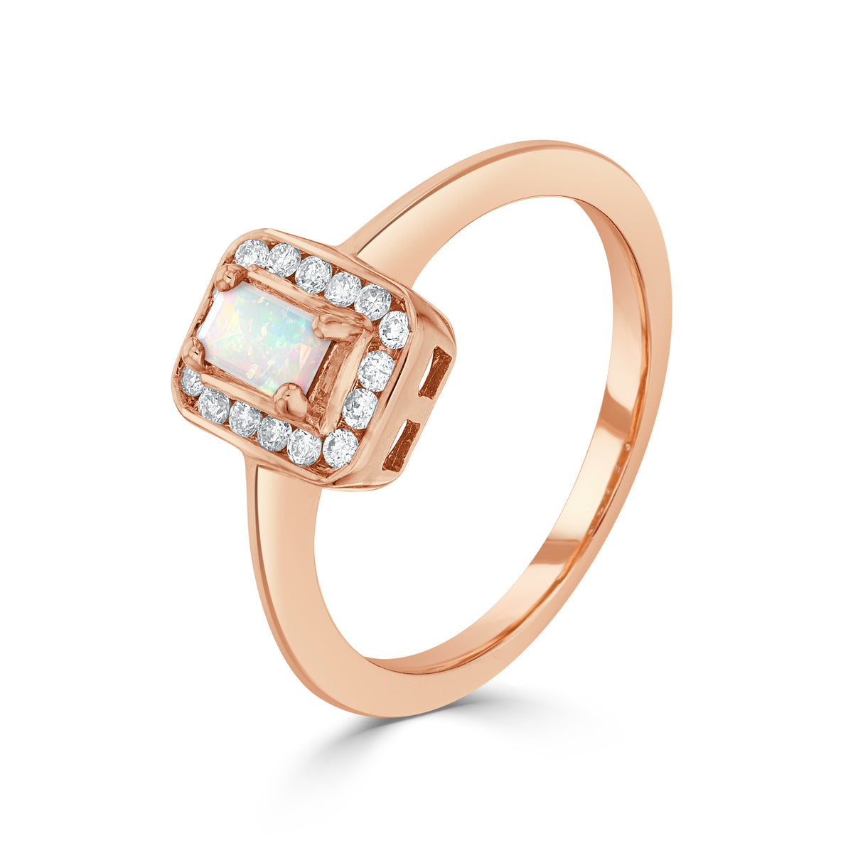 9ct Rose Gold Claw Set 5x3 Octagon Opal and Channel Set Round Diamond Cluster Ring