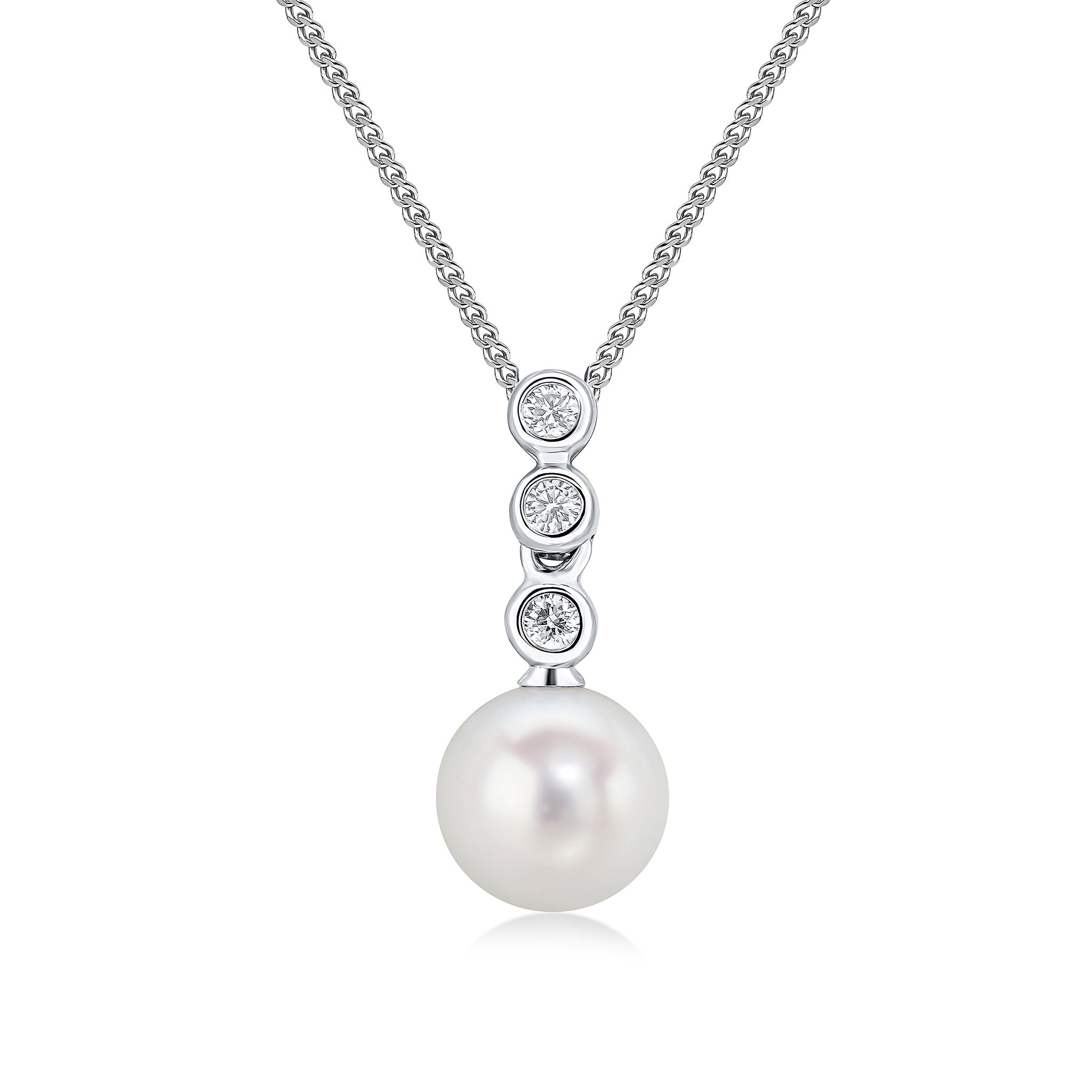 18wg Diamond & Fw Pearl 4 Stone Rubover Pendant