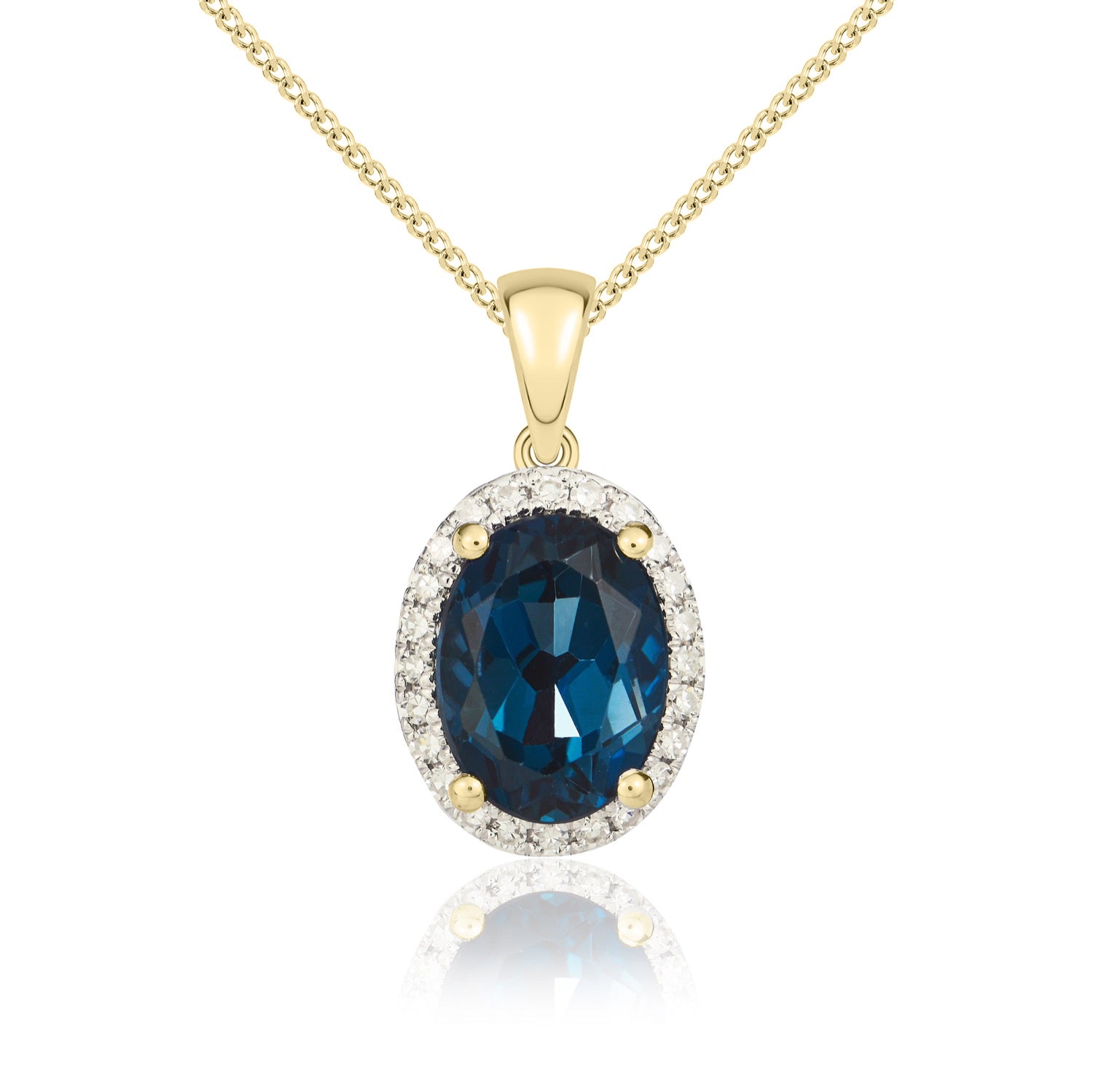 9ct Yellow Gold 8x6 Oval London Blue Topaz & Diamond Claw Set Cluster Pendant Rhodium to Diamonds