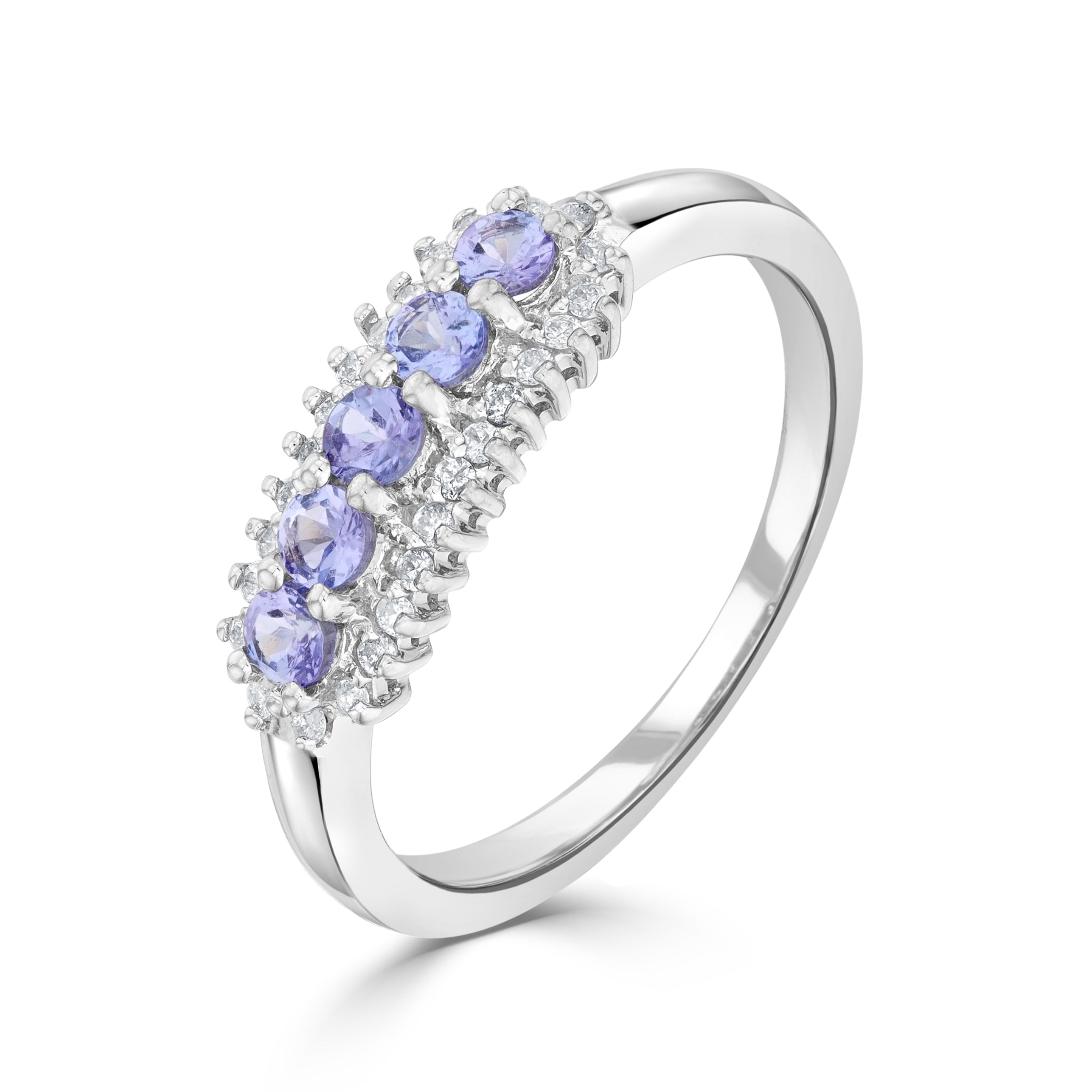 9ct White Gold Round Tanzanite and Round Diamond 3 Row Claw Set Band Ring