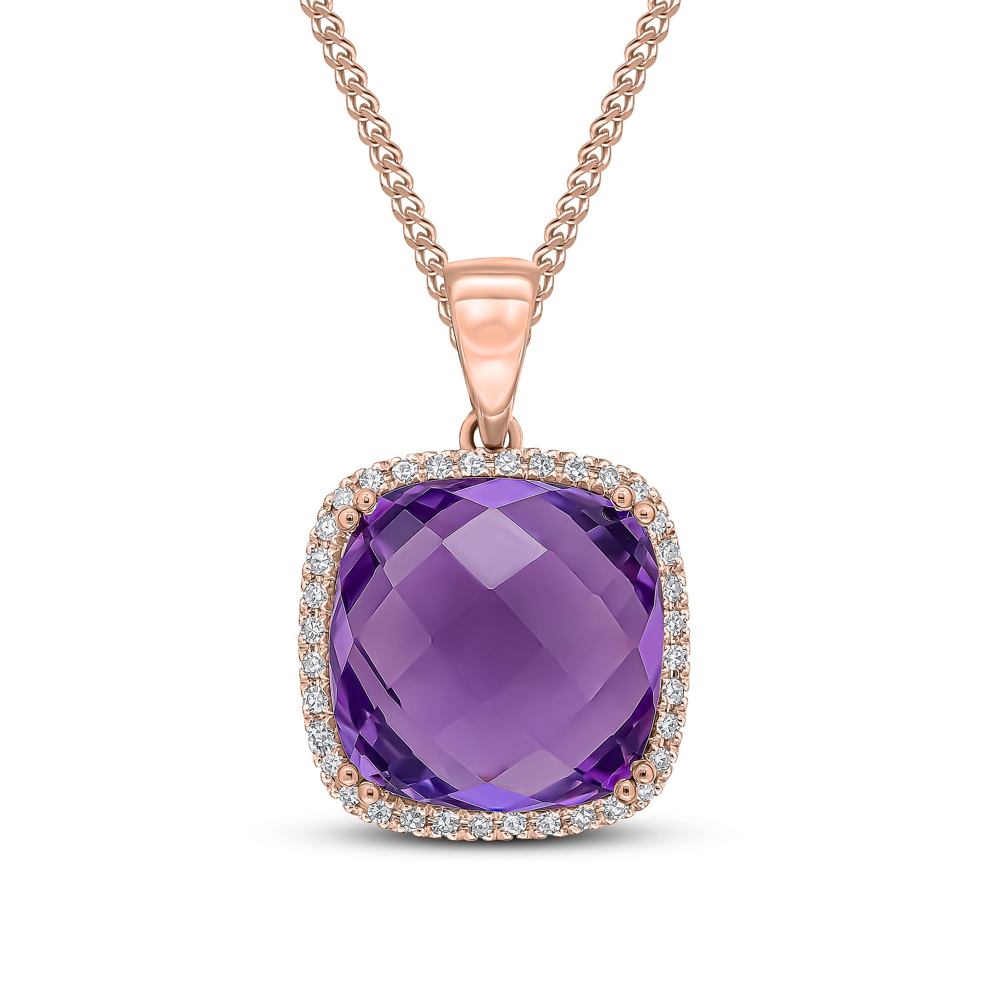 9ct rose gold 12mm Checkerboard Cut Cushion Amethyst & Diamond Cluster Pendant