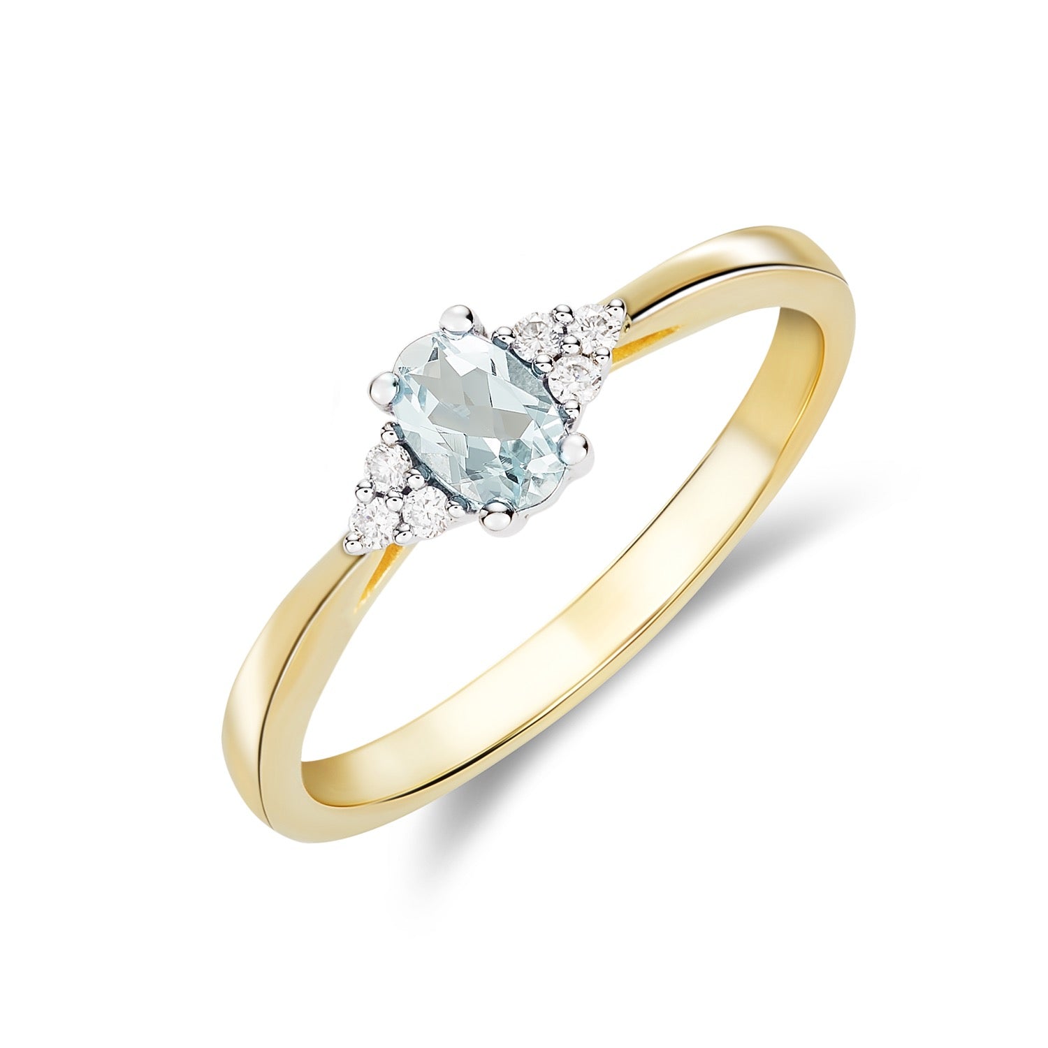 9CT YWG 6X4 OVAL AQUA & DIAMOND TREFOIL SHOULDERS CLAW SET RING 1