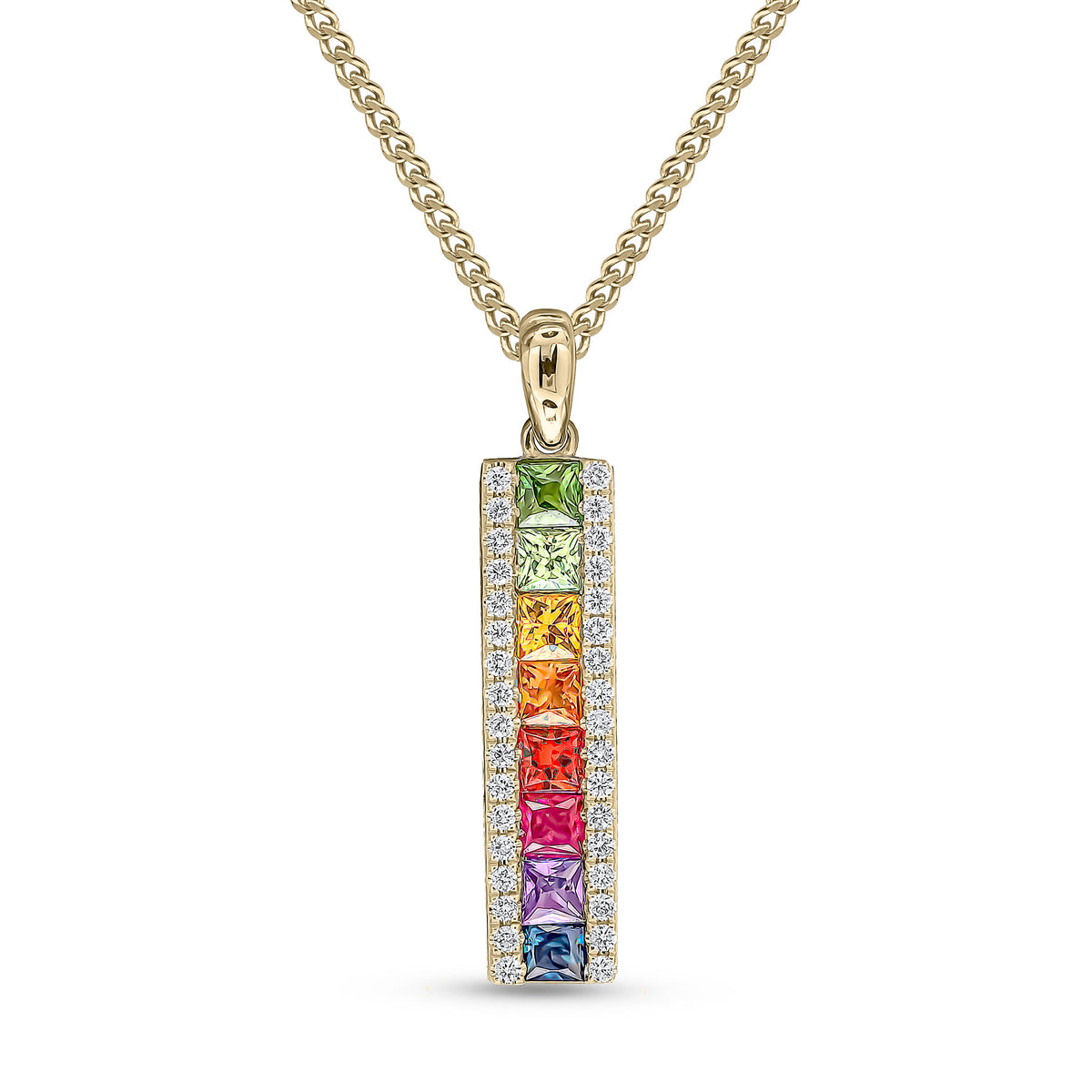 18ct Yellow Gold Square Multi-Sapphire & Round Diamond 3 Row Bar Pendant with Plain Loop Top