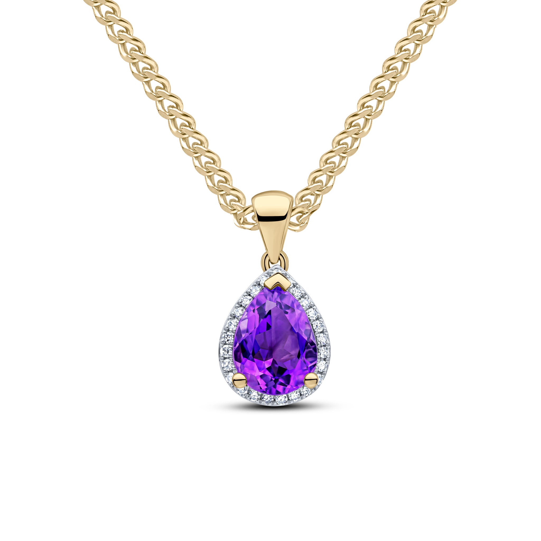 9ct Yellow Gold 9x7 Pear Shape Amethyst & Diamond Cluster Pendant