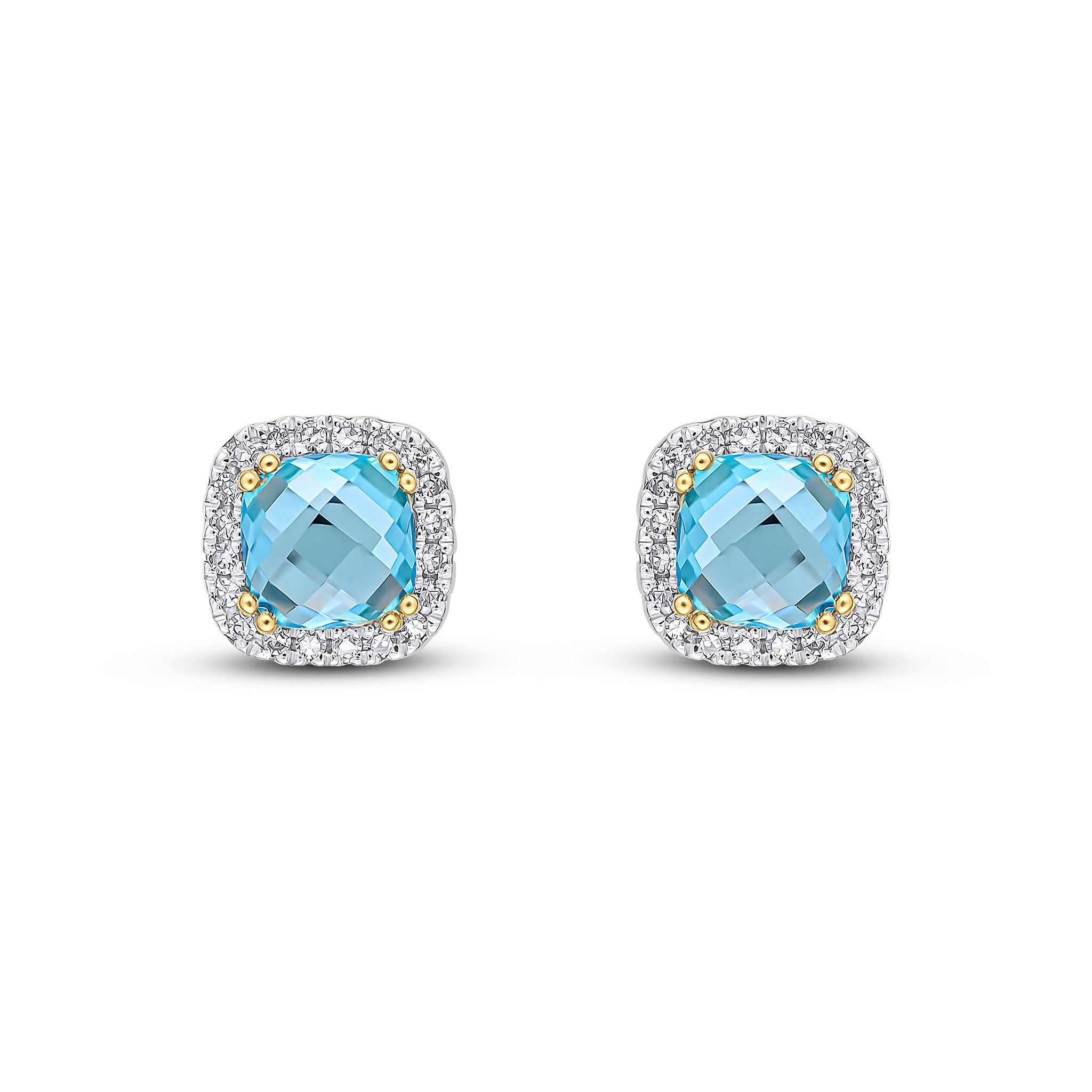 9ct Yellow Gold 5mm Checkerboard Cut Cushion Swiss Blue Topaz & Diamond Cluster Earrings Rhodium to Diamonds