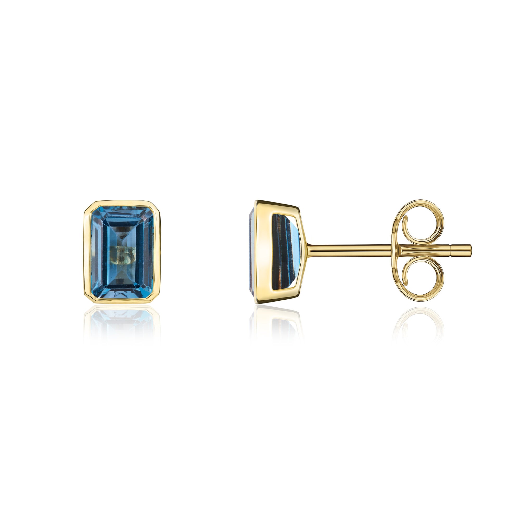 9ct Yellow Gold 7x5 Octagon London Blue Topaz Rubover Set Earrings