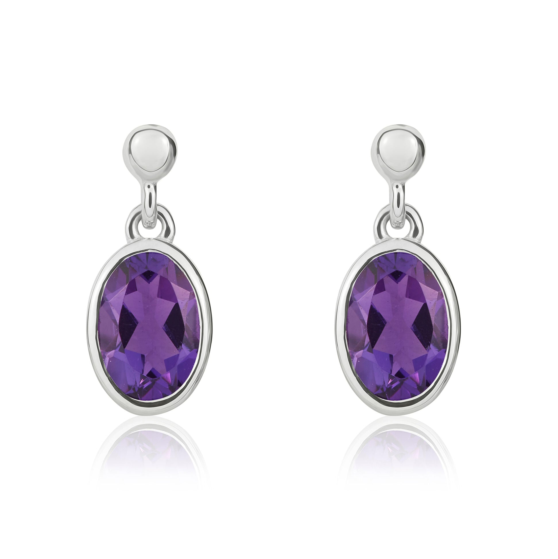 9ct white gold 7 x 5mm Oval Amethyst Rubover Drop Earrings With Bead Top