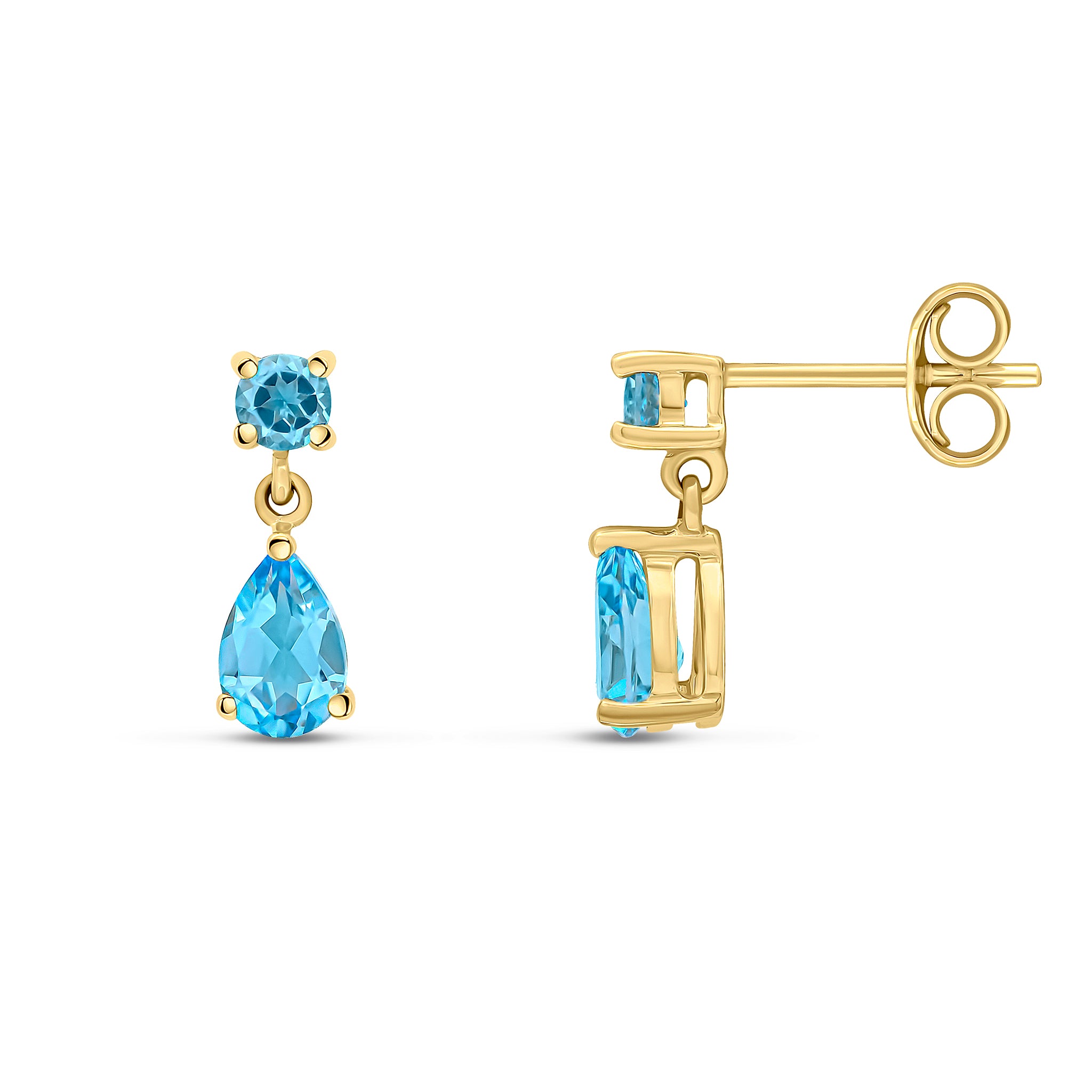 9ct Yellow Gold Round and Pear Shape Swiss Blue Topaz 2 Stone Claw Set Drop Earrings
