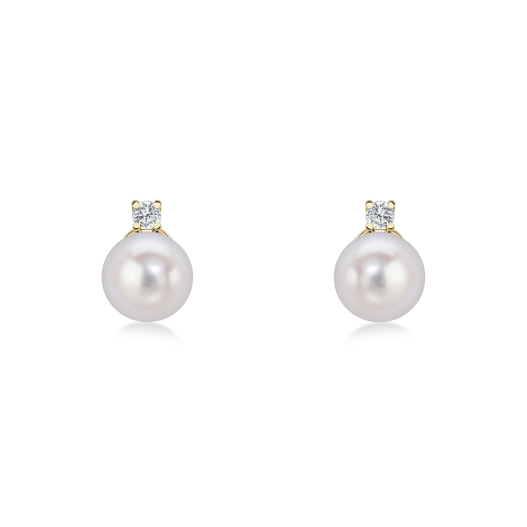 18ct Yellow Gold 7mm Round Freshwater Pearl and Claw Set Round Diamond 2 Stone Stud Earrings