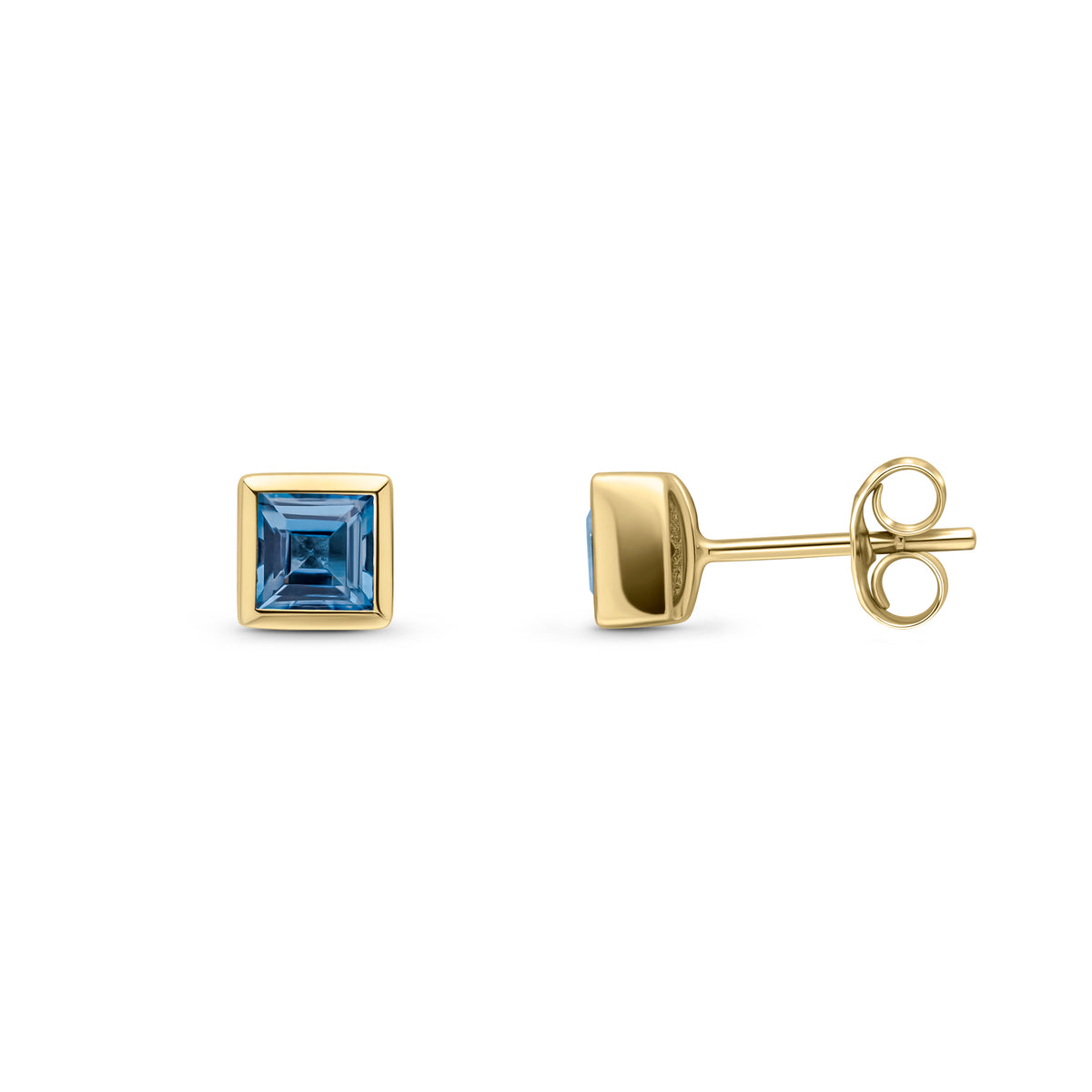 9ct Yellow Gold 3mm Square London Blue Topaz Rubover Set Earrings