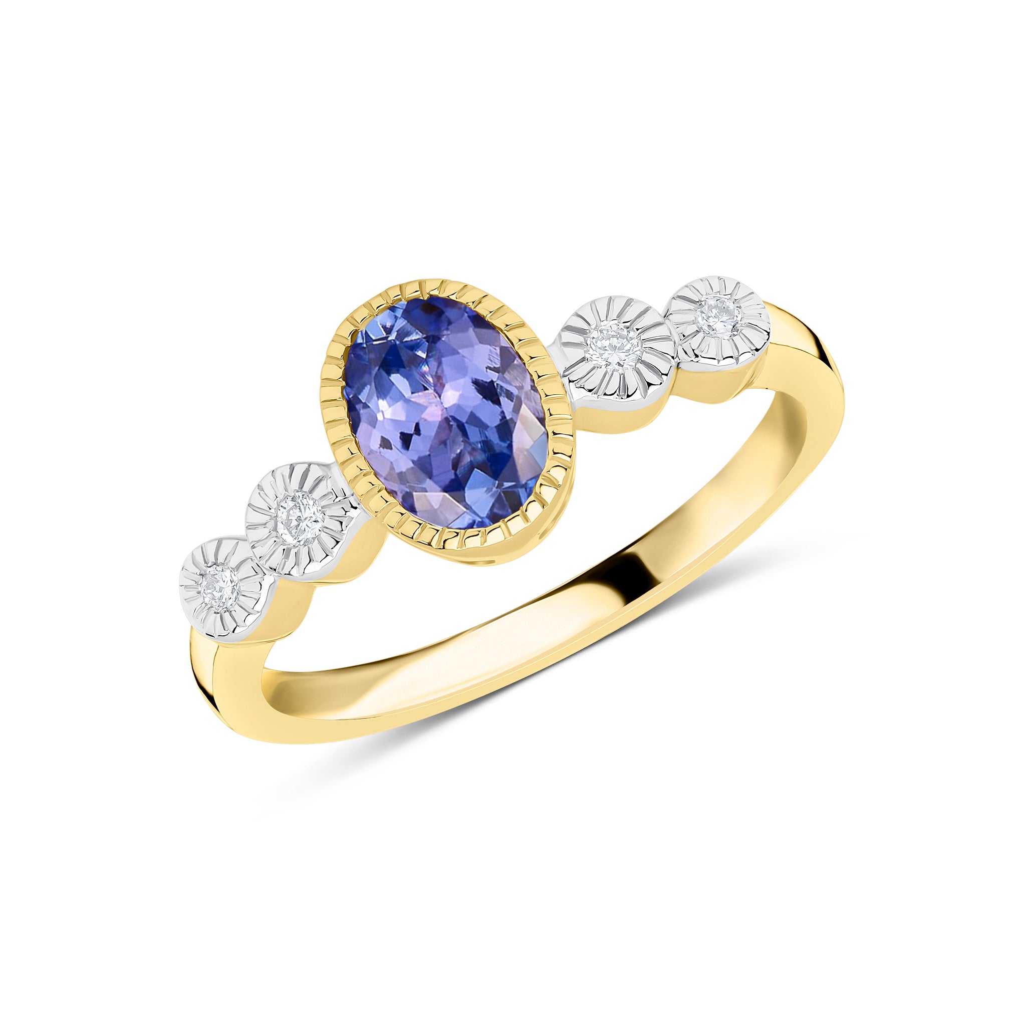 9ct Yellow Gold 7x5 Oval Tanzanite & Diamond 2 Stone Shoulders Milgrain Set Ring Rhodium to Diamonds