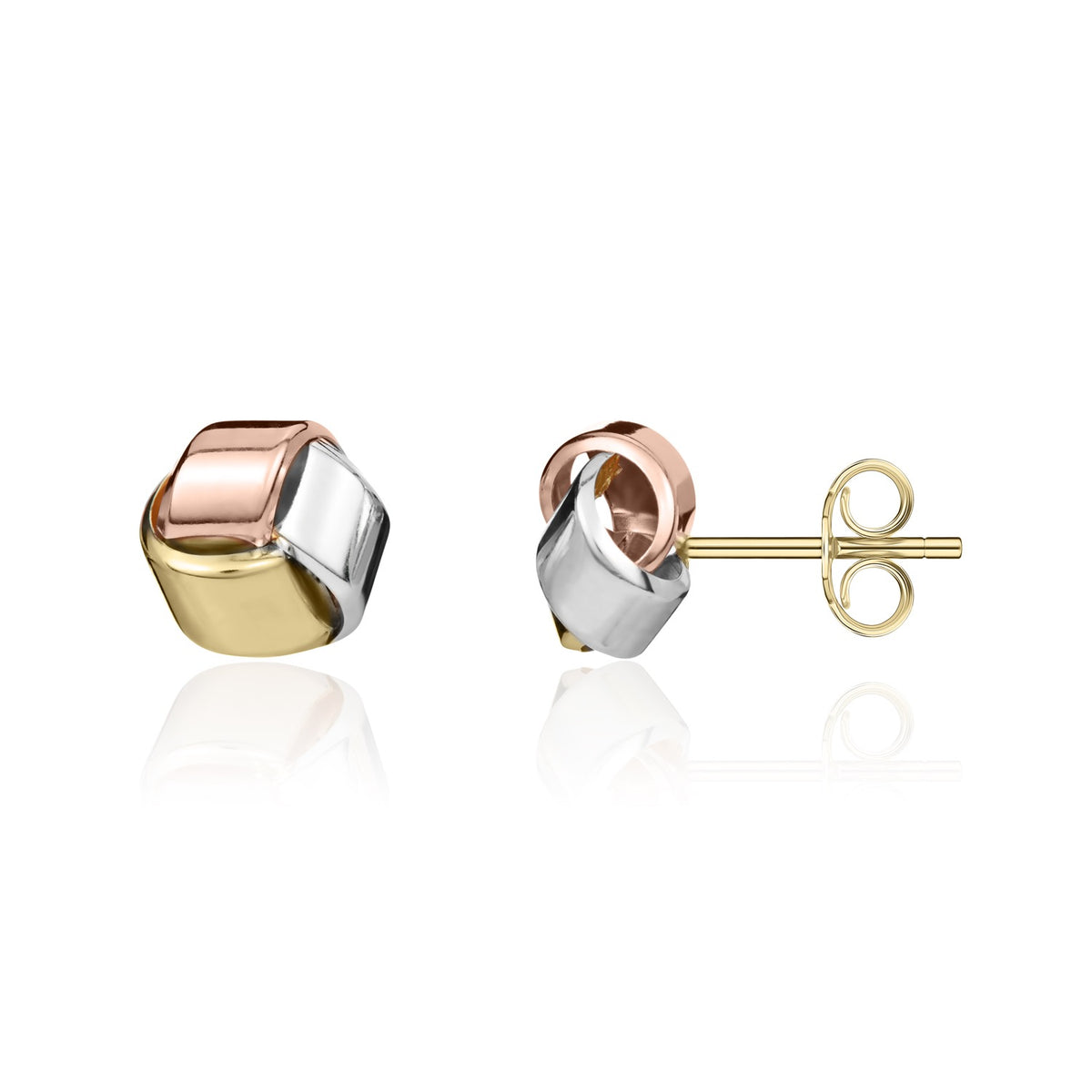 9ct Three Tone White Yellow Rose Gold Knot Stud Earrings