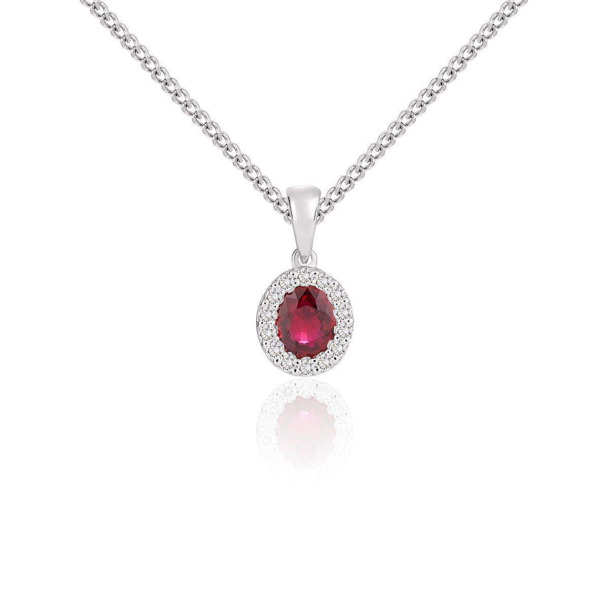18ct White Gold 5x4mm Oval Ruby & Diamond Microset Cluster Pendant