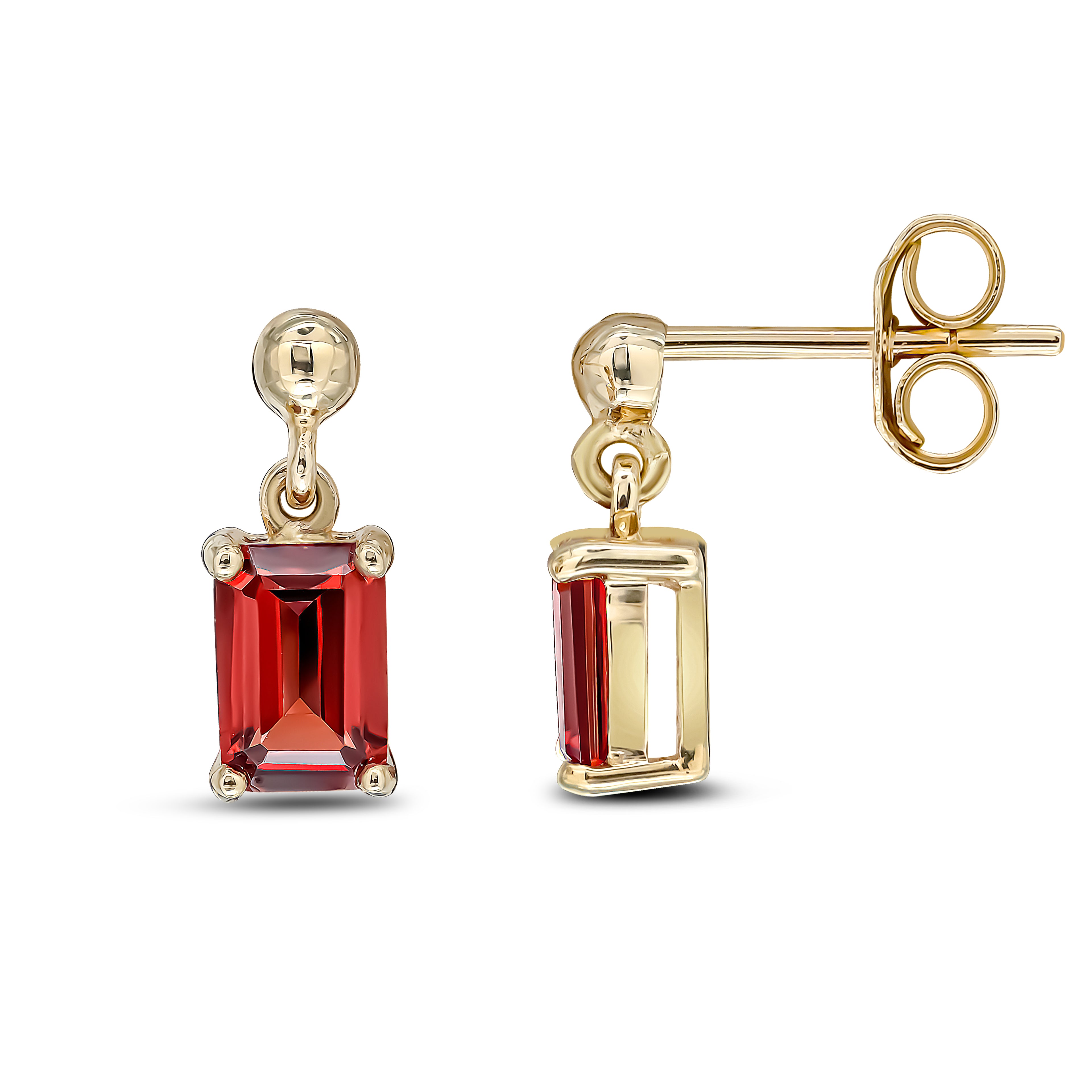 9ct Yellow Gold 6x4 Octagon Garnet Claw Set Drop Earrings with Bead Top