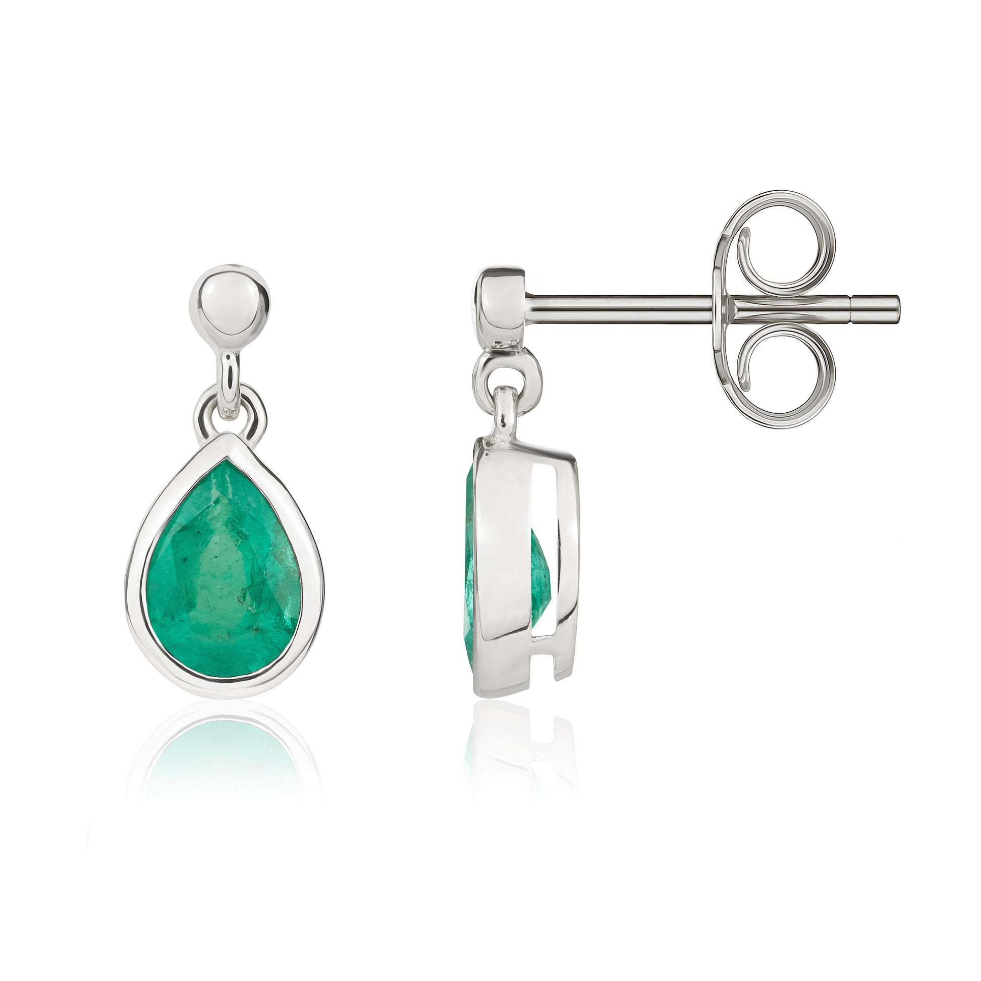 9ct White Gold 6x4mm Pear Shape Emerald Rubover Drop Earrings with 2.5mm Bead Top