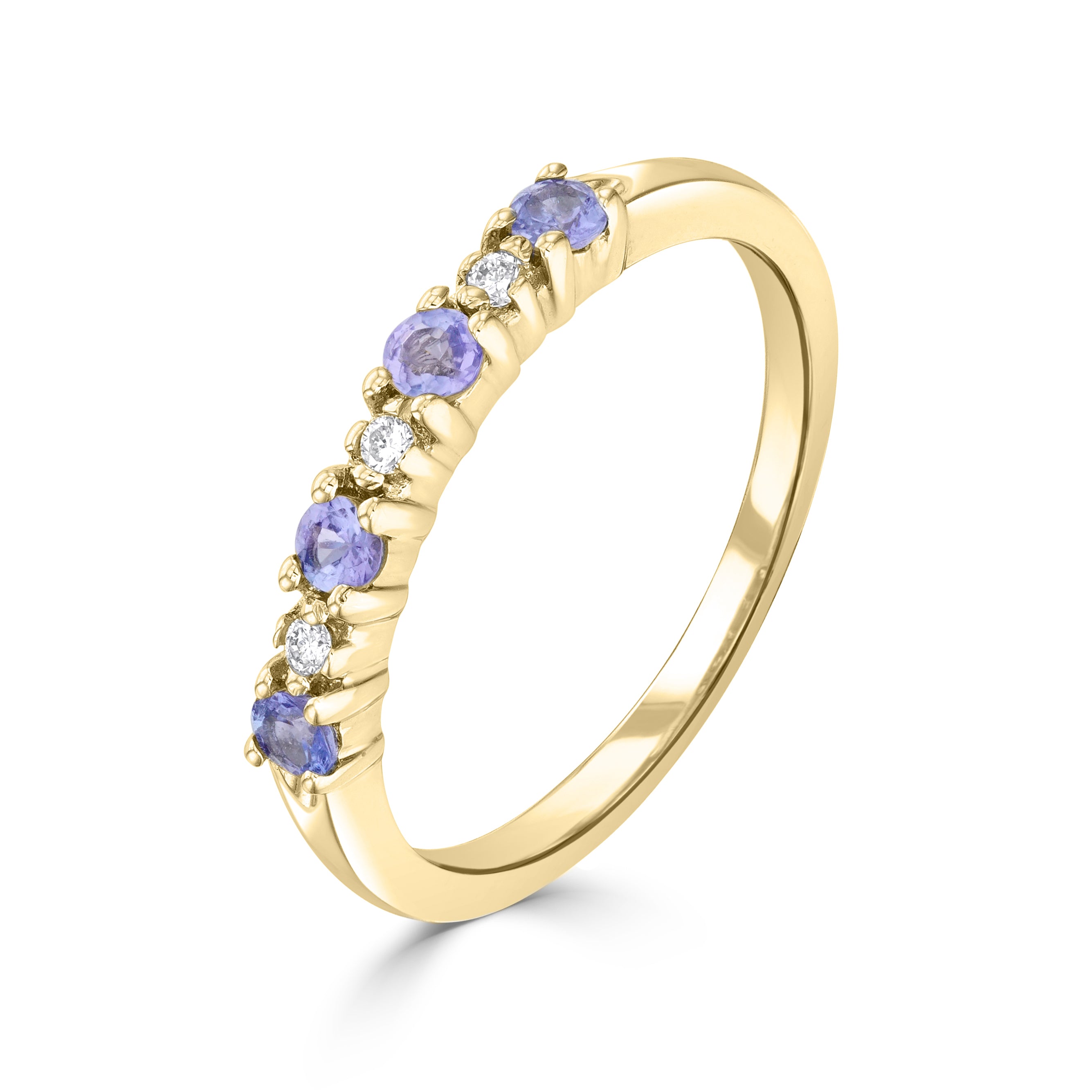 9ct Yellow Gold Round Tanzanite & Diamond Claw Set 7 Stone Ring