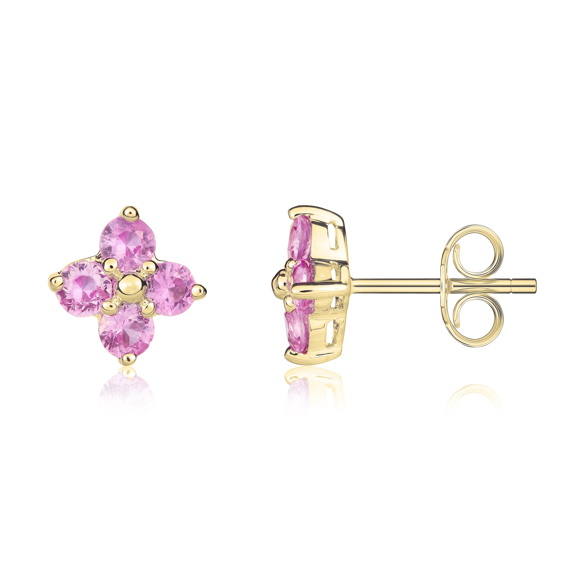 9ct Yellow Gold Round Pink Sapphire Quatrefoil Claw Earrings