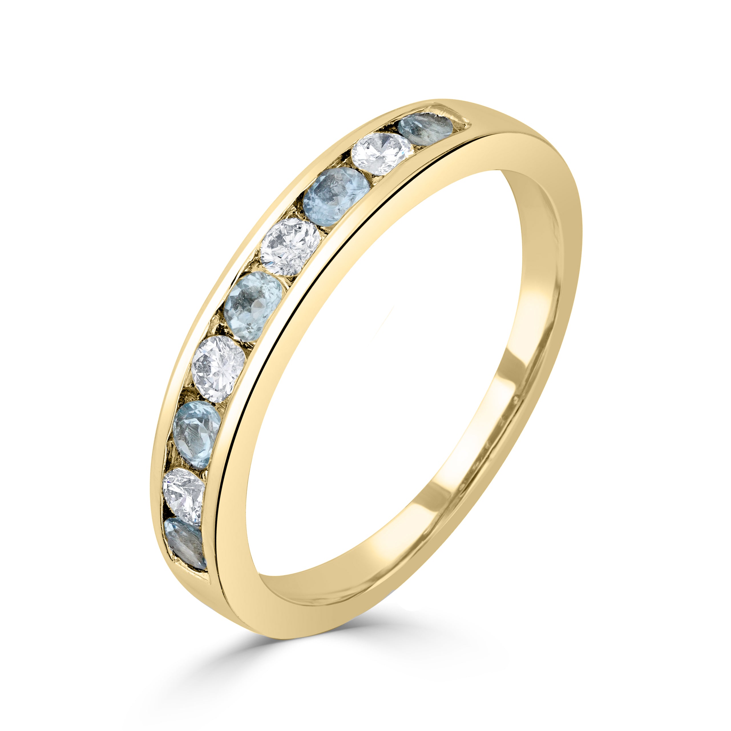9ct Yellow Gold Round Aquamarine and Diamond Channel Set 1 2 Eternity Ring