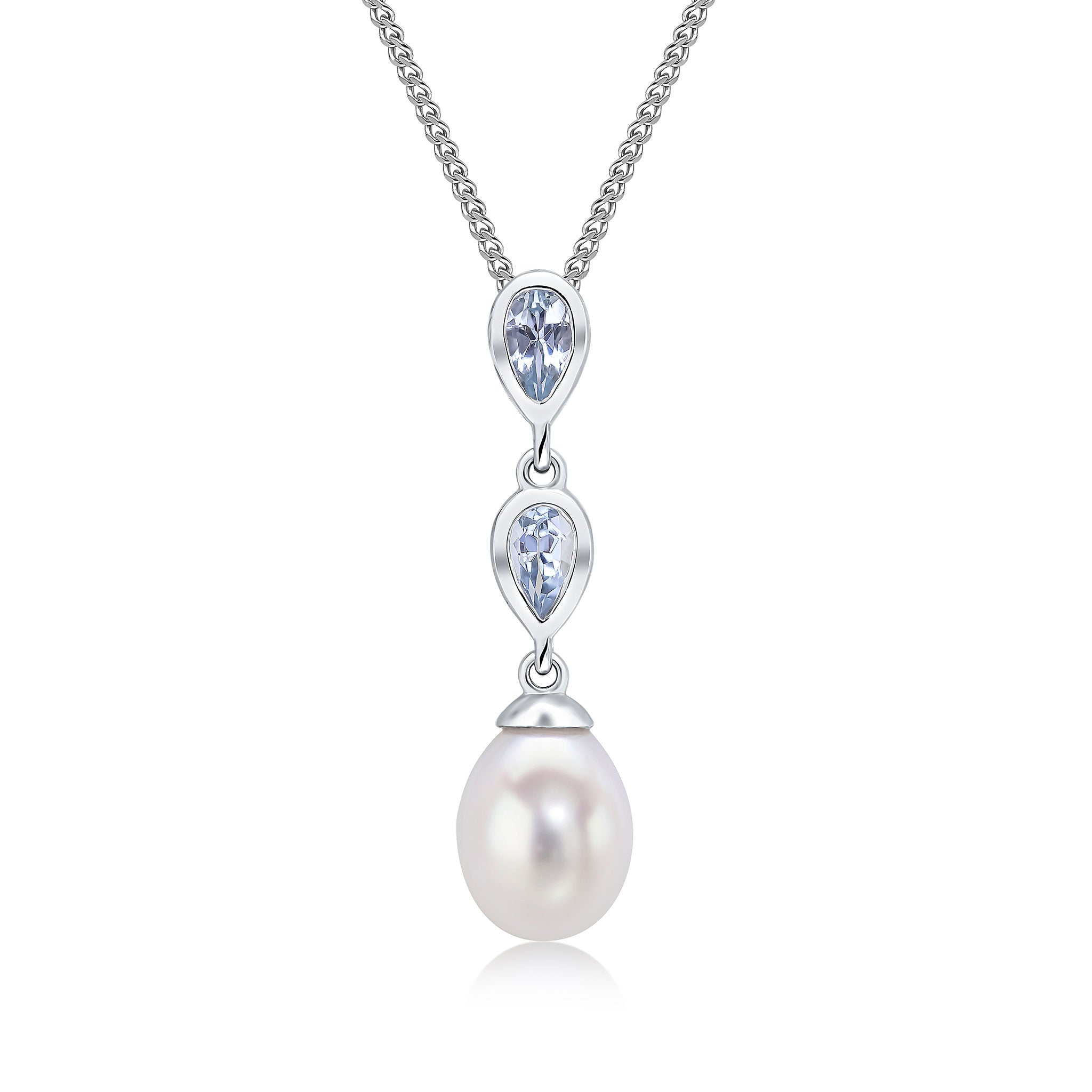 9ct White Gold Pearl & Double Pear Shape Aquamarine Pendant