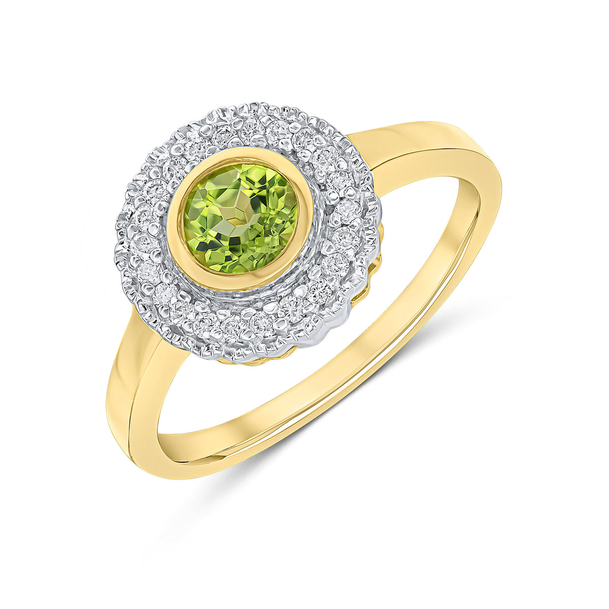 9ct Yellow Gold Round Rubover Peridot and Milgrain Round Diamond Cluster Ring Rhodium to Diamonds