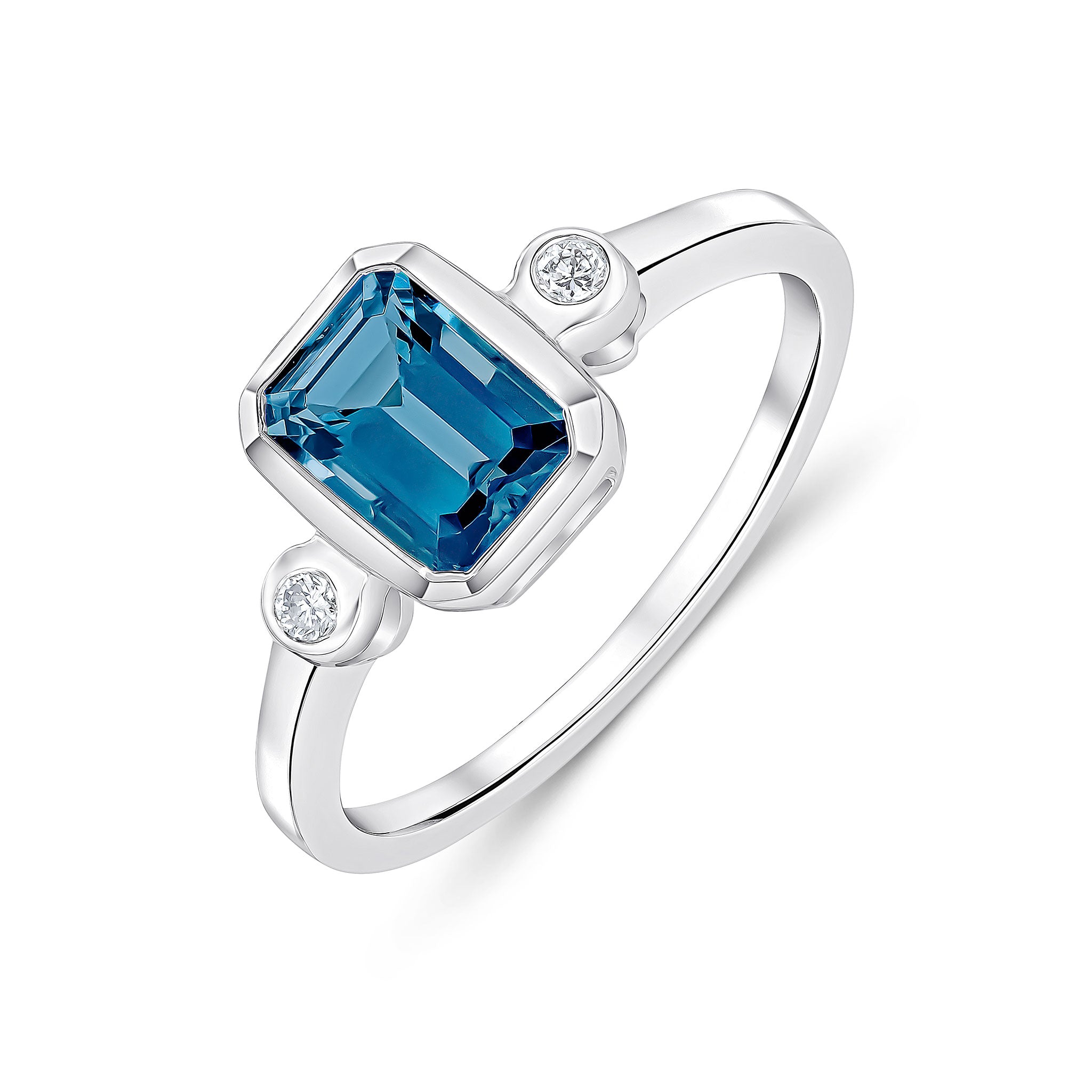 9CT WG 7X5 OCTAGON LONDON BLUE TOPAZ AND ROUND DIAMOND 3ST RUBOVER RING 1