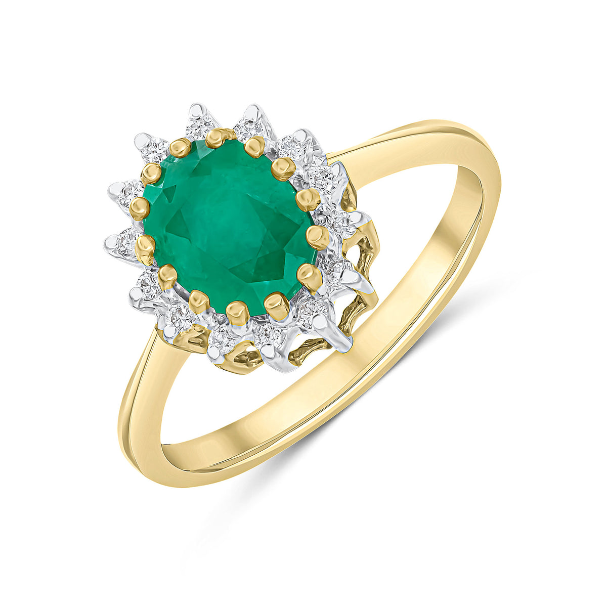9ct Yellow Gold 8x6 Oval Emerald & Diamond Claw Set Cluster Ring Rhodium to Diamonds
