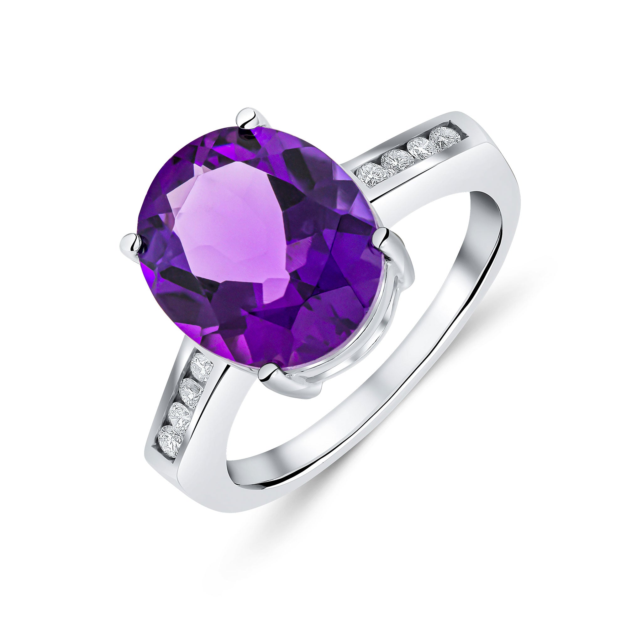 9ct White Gold 12x10mm Claw Set Oval Amethyst Single Stone Ring with Channel Set Diamond Shoulders